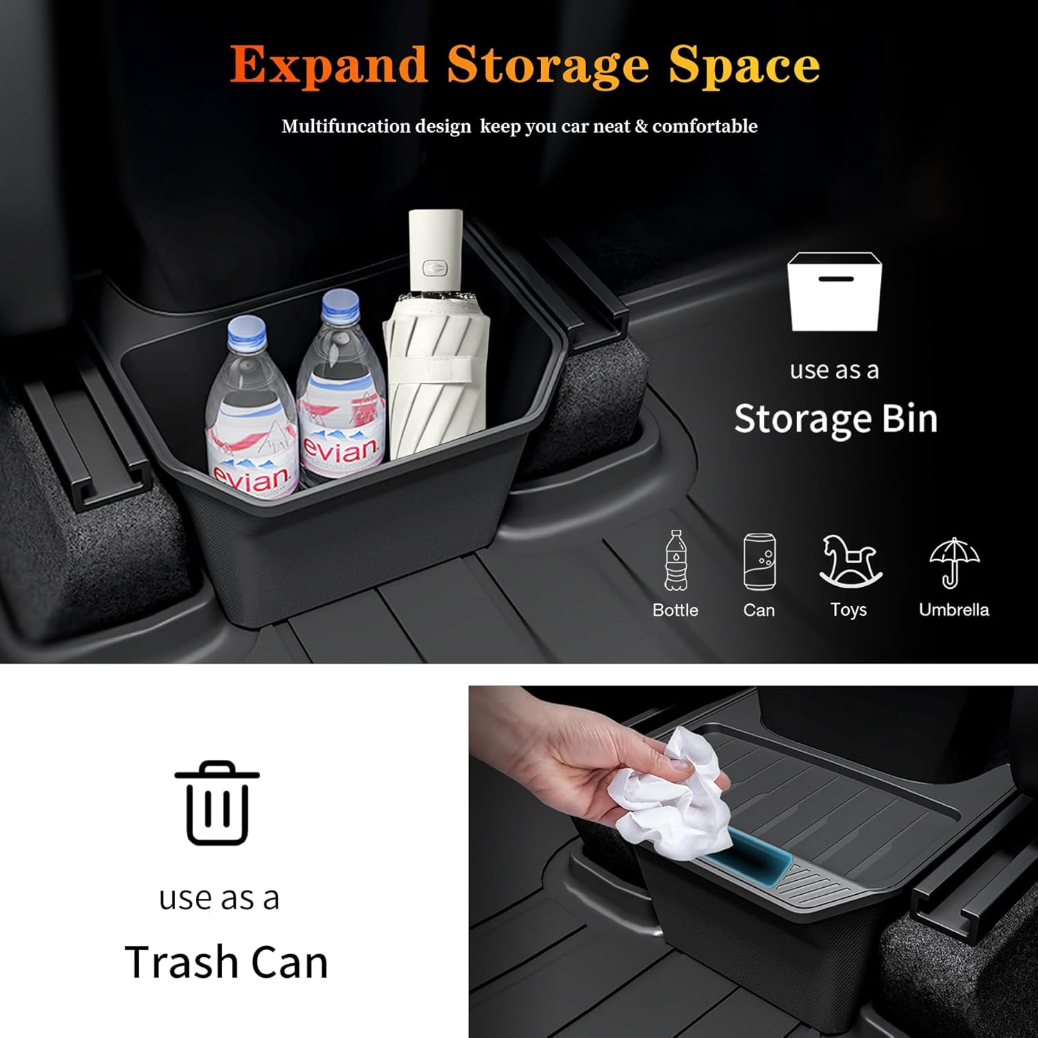 Model Y Trash Can Rear Center Console Organizer Compatible for Tesla Model Y 2020-2025, 2nd Row Seat Rear Bin TPE Backseat Storage Box Middle Air Outlet Garbage Can with Anti-Slip Lid Cover