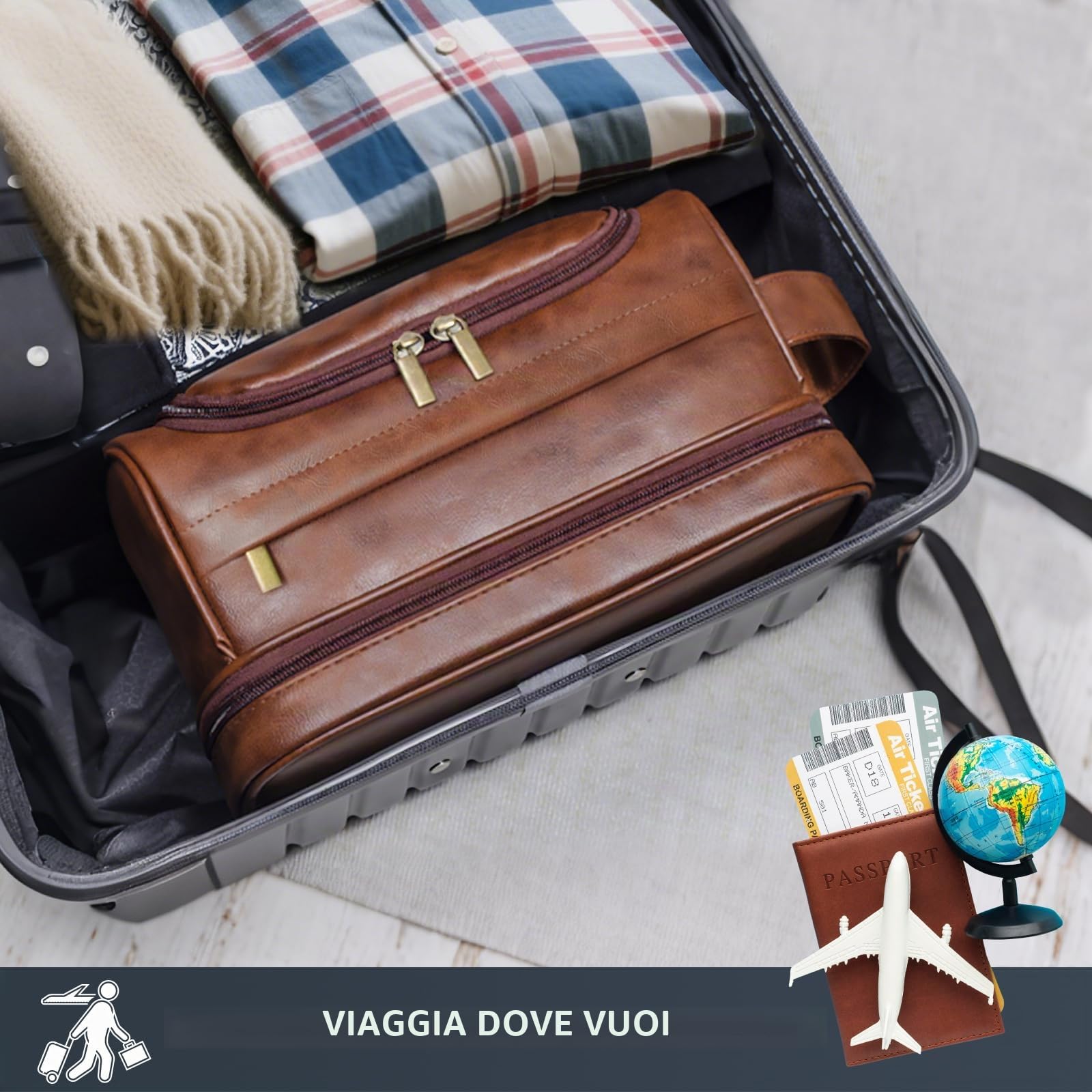 Beauty case da uomo,grande astuccio da viaggio in pelle con gancio per appenderlo