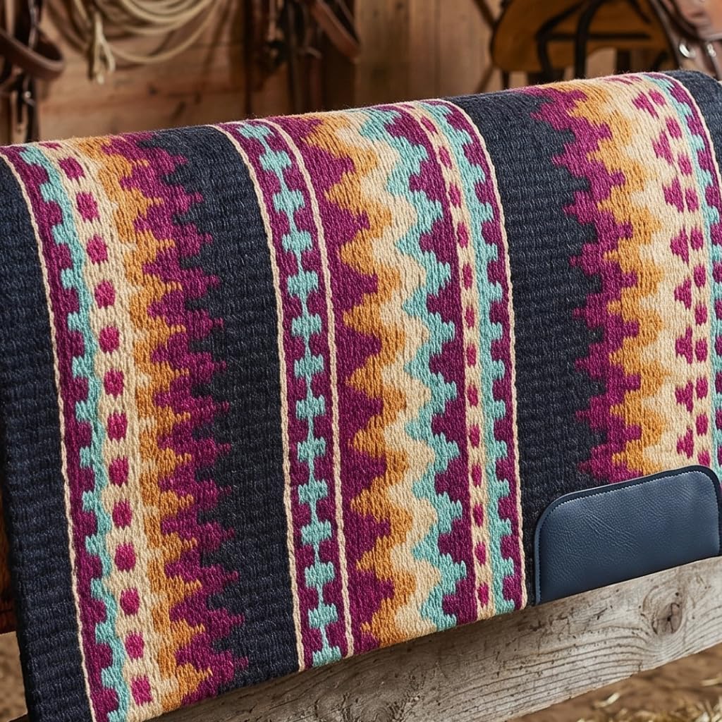 Western Show Saddle Pad/Blanket for Horses - Handmade Wool Saddle Blanket with New Zealand Design, Thick, Durable & Comfortable for Horse Riding (34” L x 40” W x 1) M57