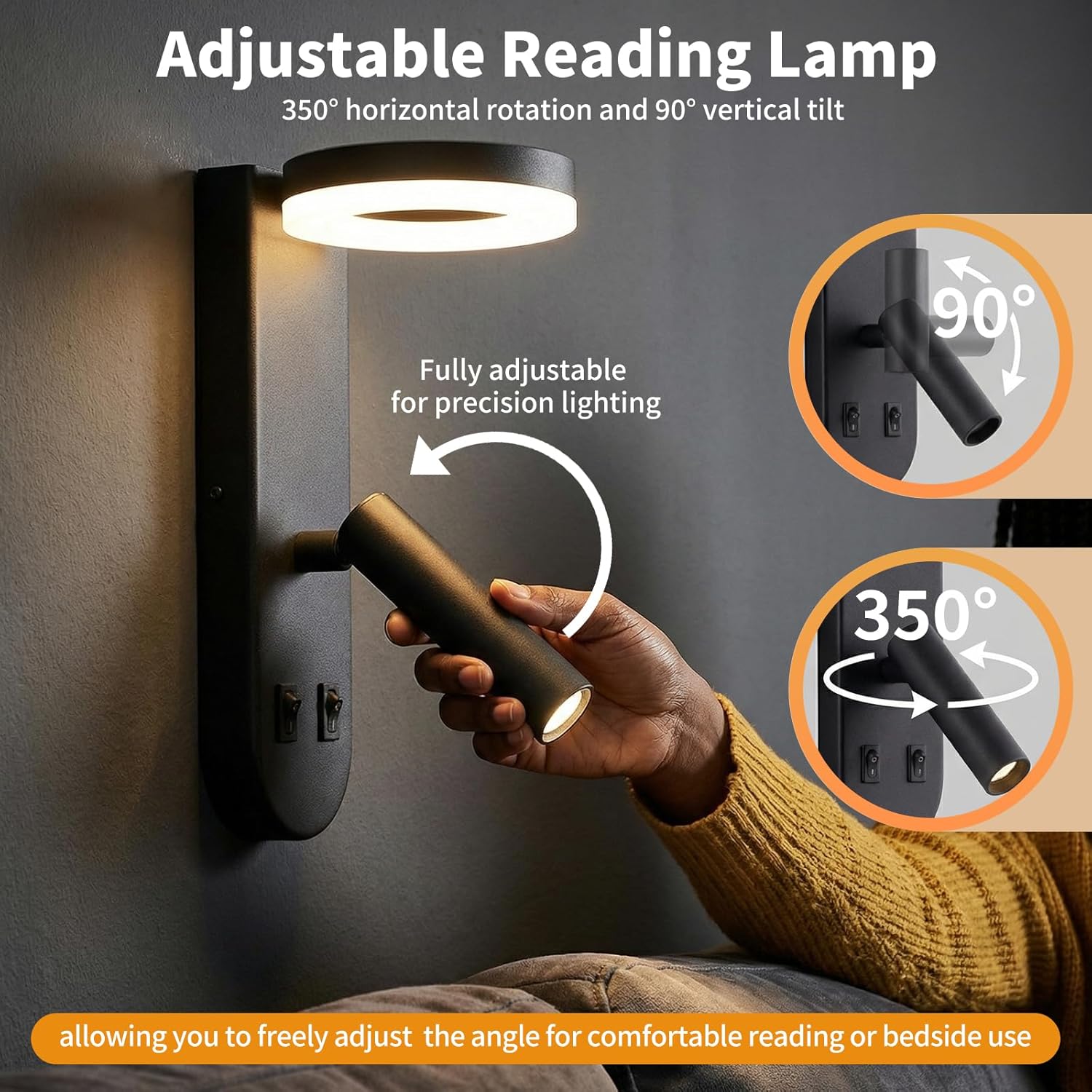 Wall Mounted Reading Lights for Bedroom - Independent Switch, 350° Adjustable Bedside Lamps Set of 2, Hardwired Installation LED Wall Sconces for Living Room, Study Room (Black, 8.65")