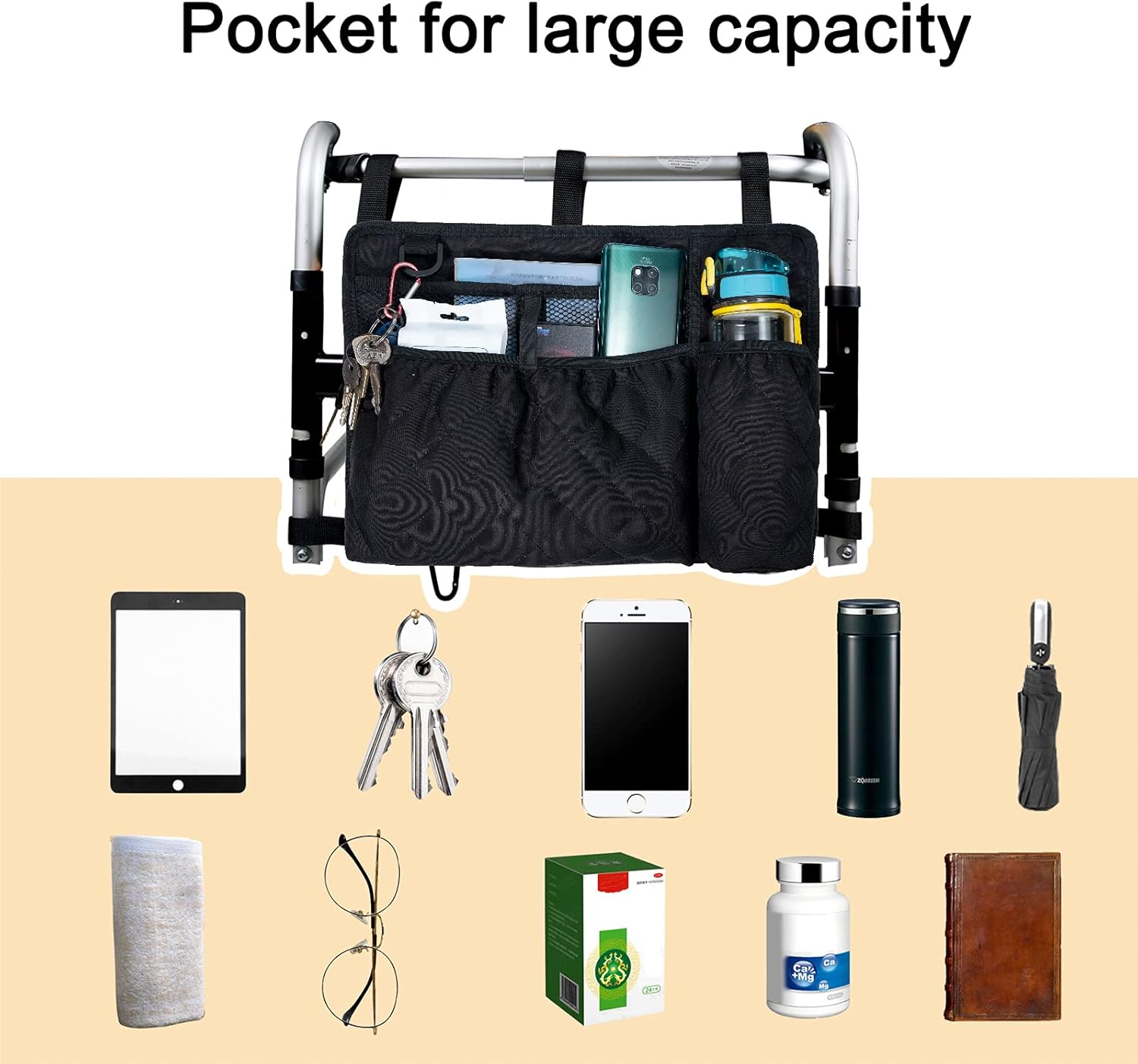 BVMAG Walker Bag Basket with Cup Holder Armrest Attachments Hand Free Storage Bags Pouch for Folding,Rollator,Wheelchairs Accessories Suit for Elderly Seniors Handicap Disabled : Health & Household