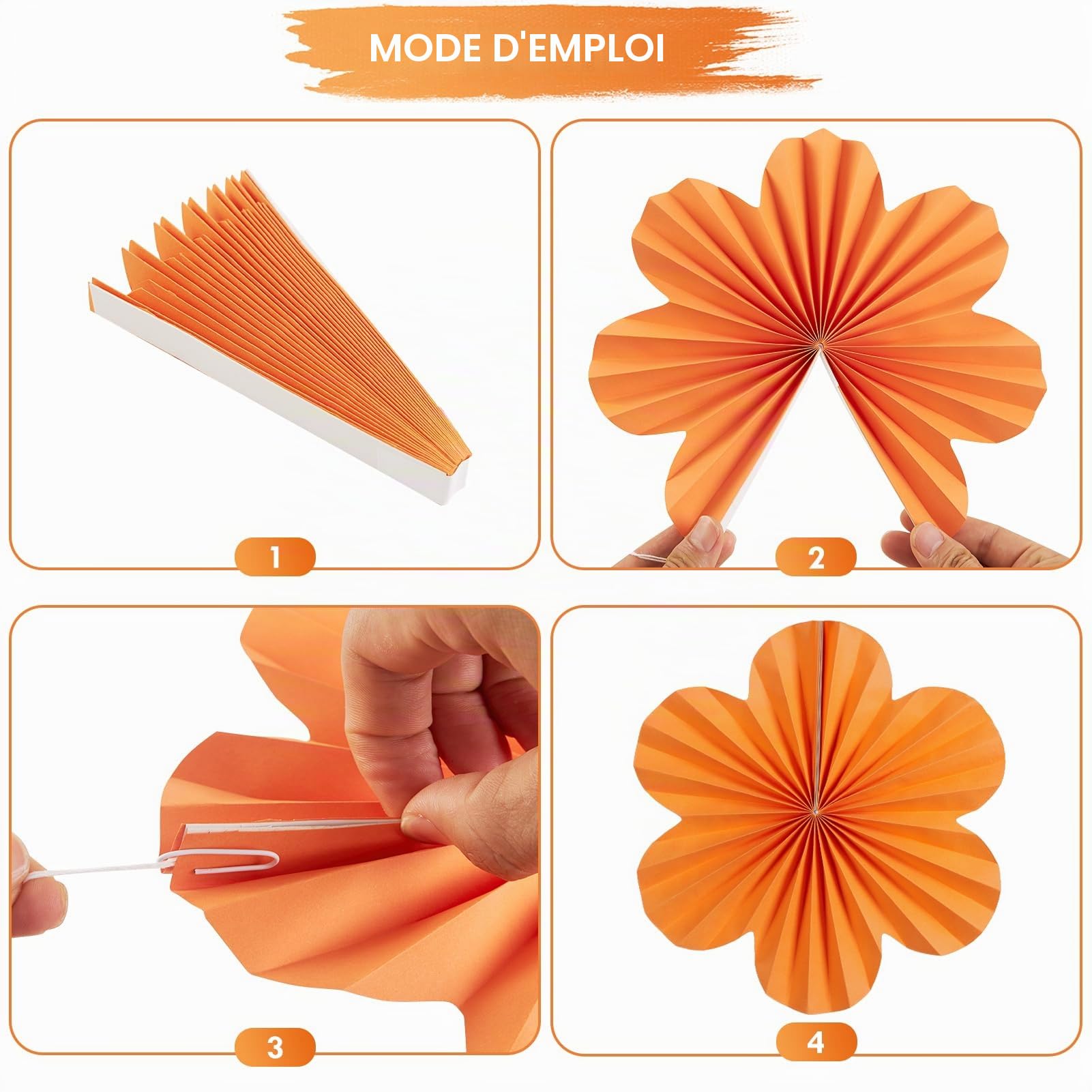 SUNBEAUTY Lot de 9 éventails en papier, guirlande de fleurs orange/rose, à suspendre, décoration de fête pour mariage, anniversaire, salle de classe, baby shower