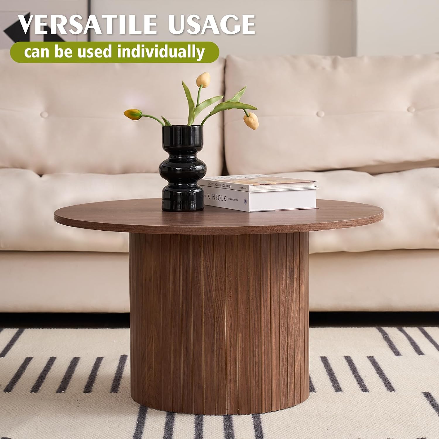 Round Nesting Coffee Table Set of 2, Modern Fluted Wood Side Tables for Small Spaces, Living Room, Bedroom, Balcony, or Office(Walunt)