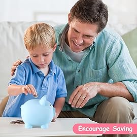 PJDRLLC Piggy Bank, Unbreakable Plastic Money Bank, Coin Bank for Girls and Boys, Medium Size Piggy Banks, Practical Gifts for Birthday, Easter, Christmas (Blue)