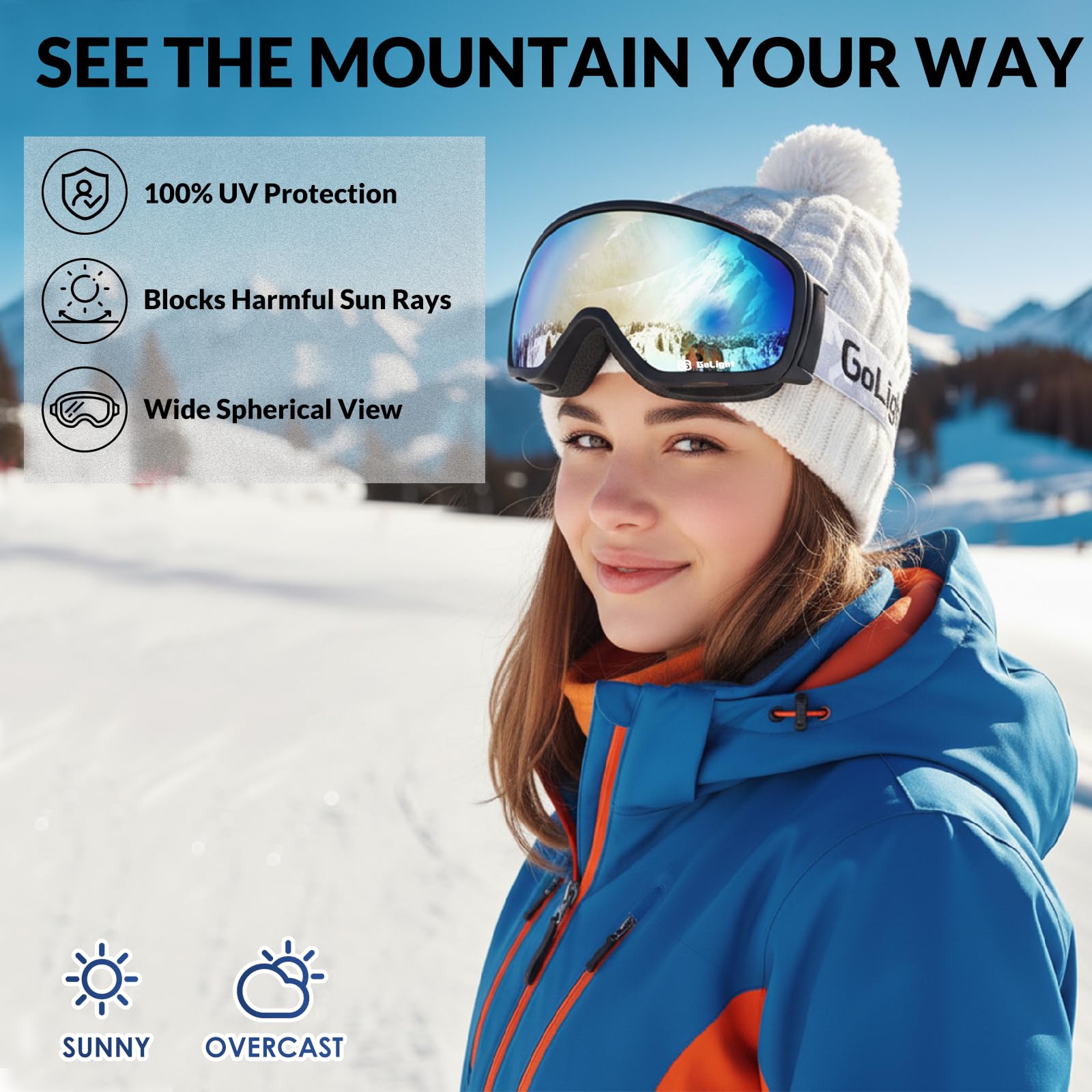 GoLight OTG Occhiali da sci YG-48 per snowboard, lenti sferiche, 100% protezione UV, anti-appannamento, occhiali da neve invernali OTG per uomini donne, motoslitta, sci, pattinaggio, marrone+revo