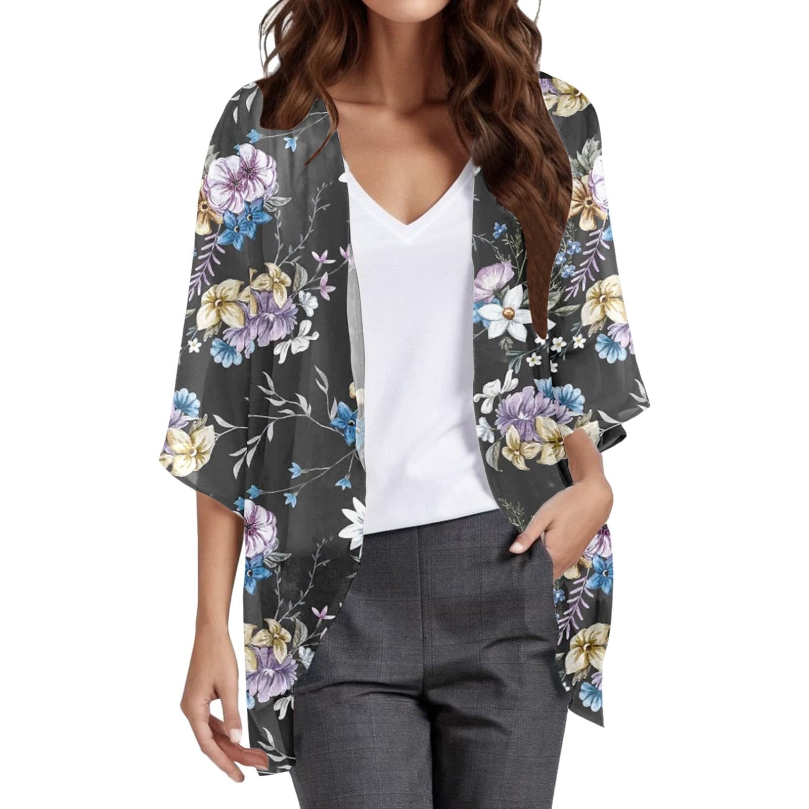 Dasongff Cárdigan corto para mujer, cárdigan de verano, moderno poncho de playa, chaqueta de verano fina, manga larga, abierta, parte delantera, suelta, kimono, blazer
