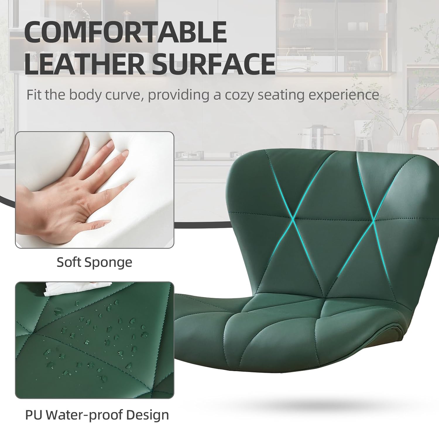 Bar Stools Set of 2, Adjustable Swivel Barstools, Faux Leather Bar Chairs, Upholstered Counter Height Bar Stool with High Backrest for Kitchen Island, Green