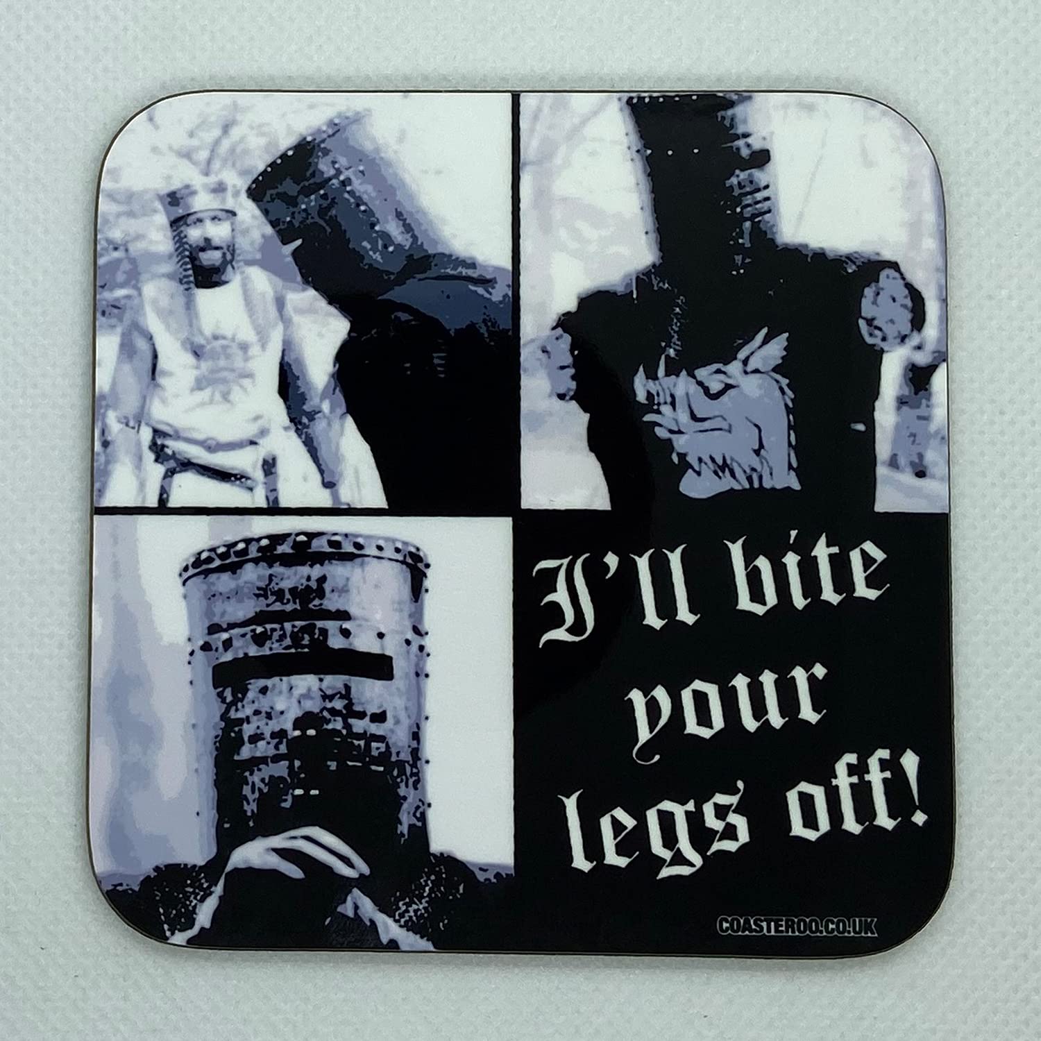 Coasteroo I'll Bite Your Legs Off - Inspired By Monty Python And The Holy Grail - Drinks Coaster - Hardboard - 9Cm X 9Cm - Gloss Finish