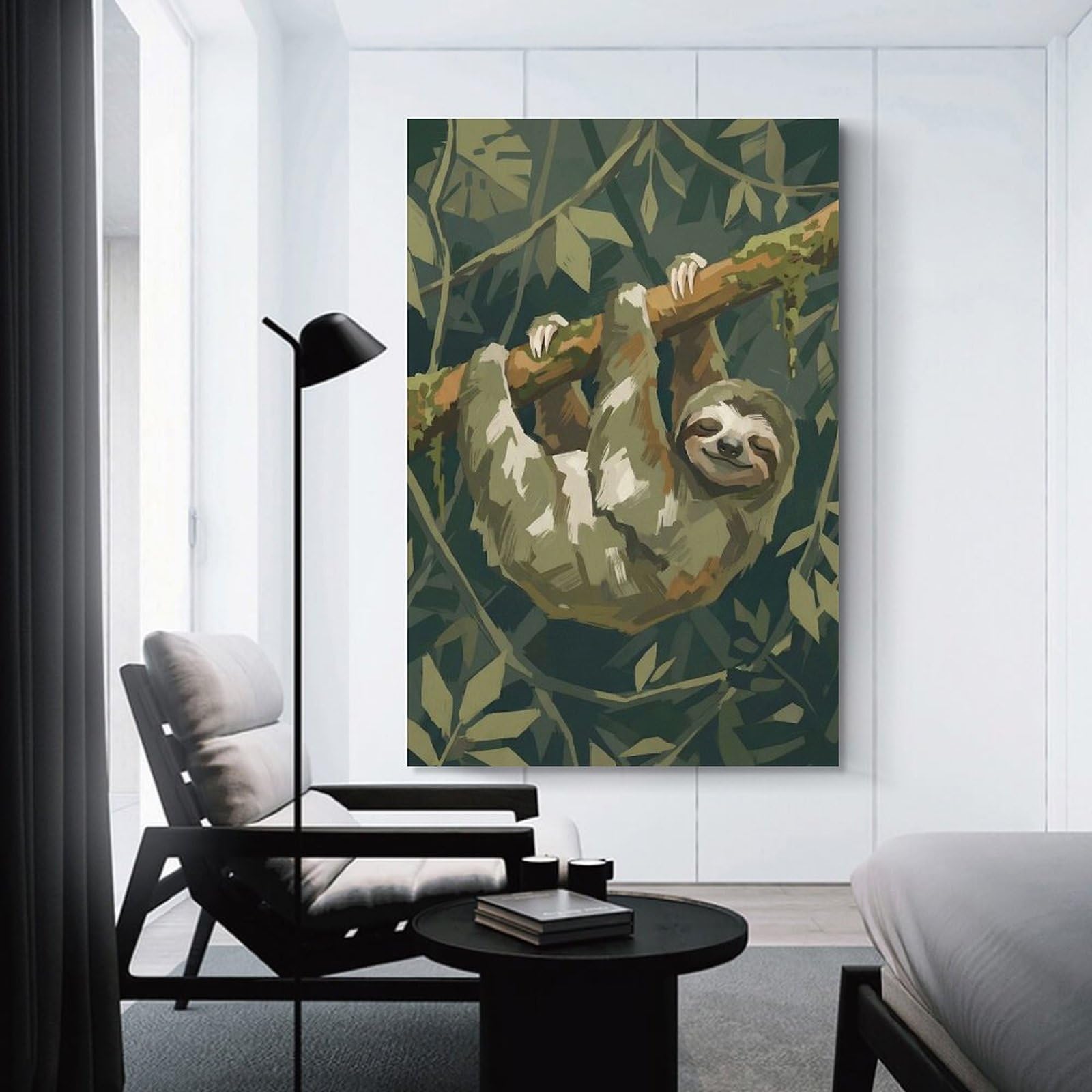 Junmoney Hanging Wall Art Sloth Hanging on A Branch, 20x30inch(50x75cm), for Wall Displays, Bedrooms Or Room Updates, Decorative Artwork with Flexible Styling