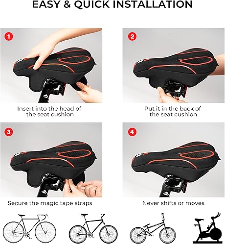 Vista 6 de YOUNGDO Cojín de asiento de bicicleta con funda impermeable, almohadilla de asiento de bicicleta de gel para sillín estrecho, absorción de golpes