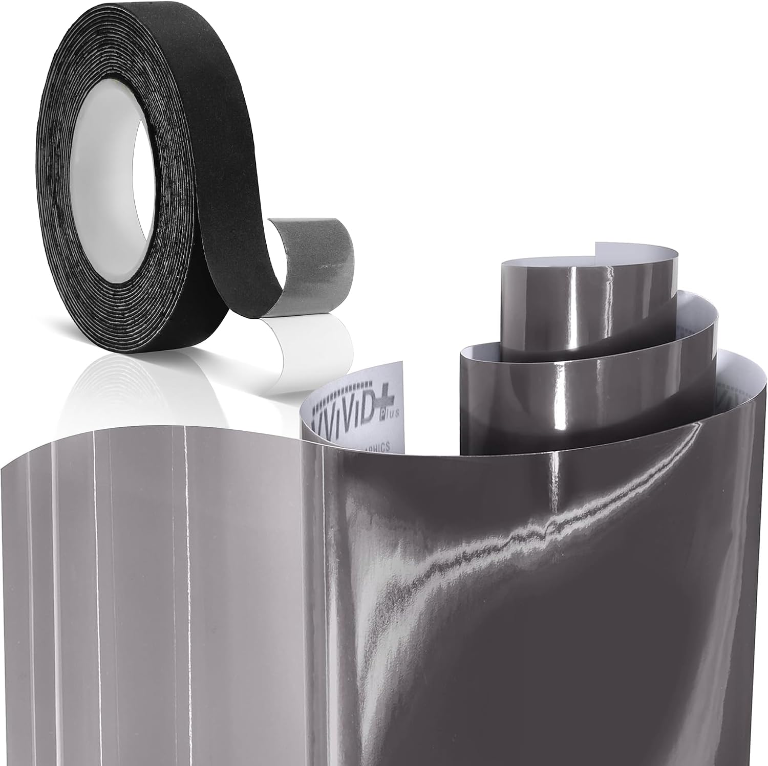 VViViD Black Smoke Headlight Tint Air-Release Vinyl Wrap Roll (12" x 48") + Black Felt Tape Roll for Squeegees (1" x 25ft) Bundle - M0