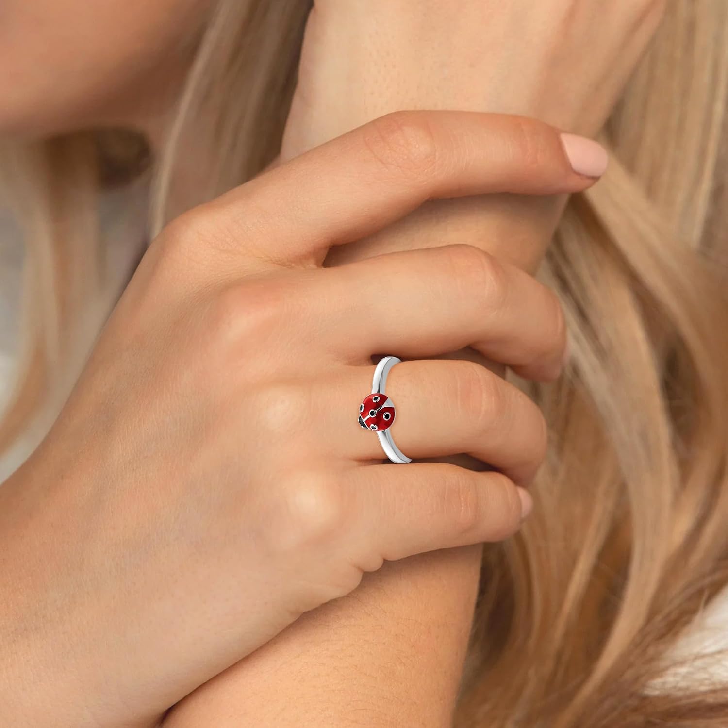 Diamond2Deal 925 Sterling Silver Stackable Expressions Red and Black Enamel Ladybug Ring