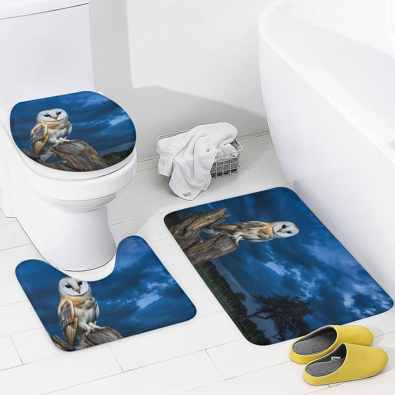Owl in Night Bathroom Sets with Shower Curtain and Rugs 4 Piece with U-Shaped Floor Mat Toilet Lid Cover