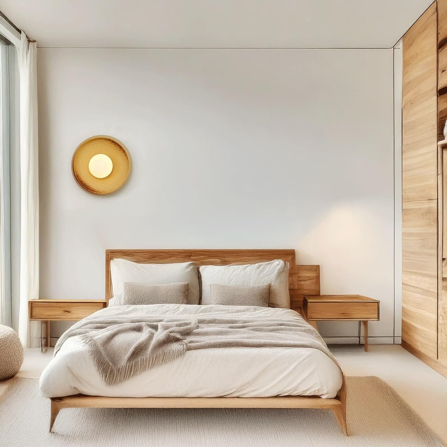 Wall Sconce Modern Artistic Ceramic Shade Wood Base Wall Light Textured Earthy Tone Hardwired Indoor Wall Lamp Decorative Ambient Lighting for Bedroom Living Room Hallway Wall Mounted Light