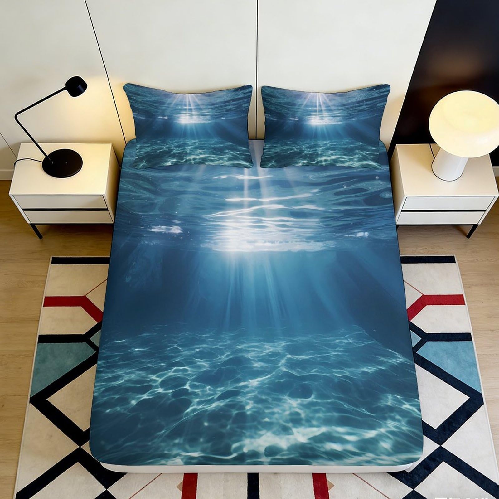 3D Printed Underwater Sunbeam Fitted Sheet Microfiber Soft Mattress Cover for Bedroom Guest Room Decor Protection 90x200x25cm