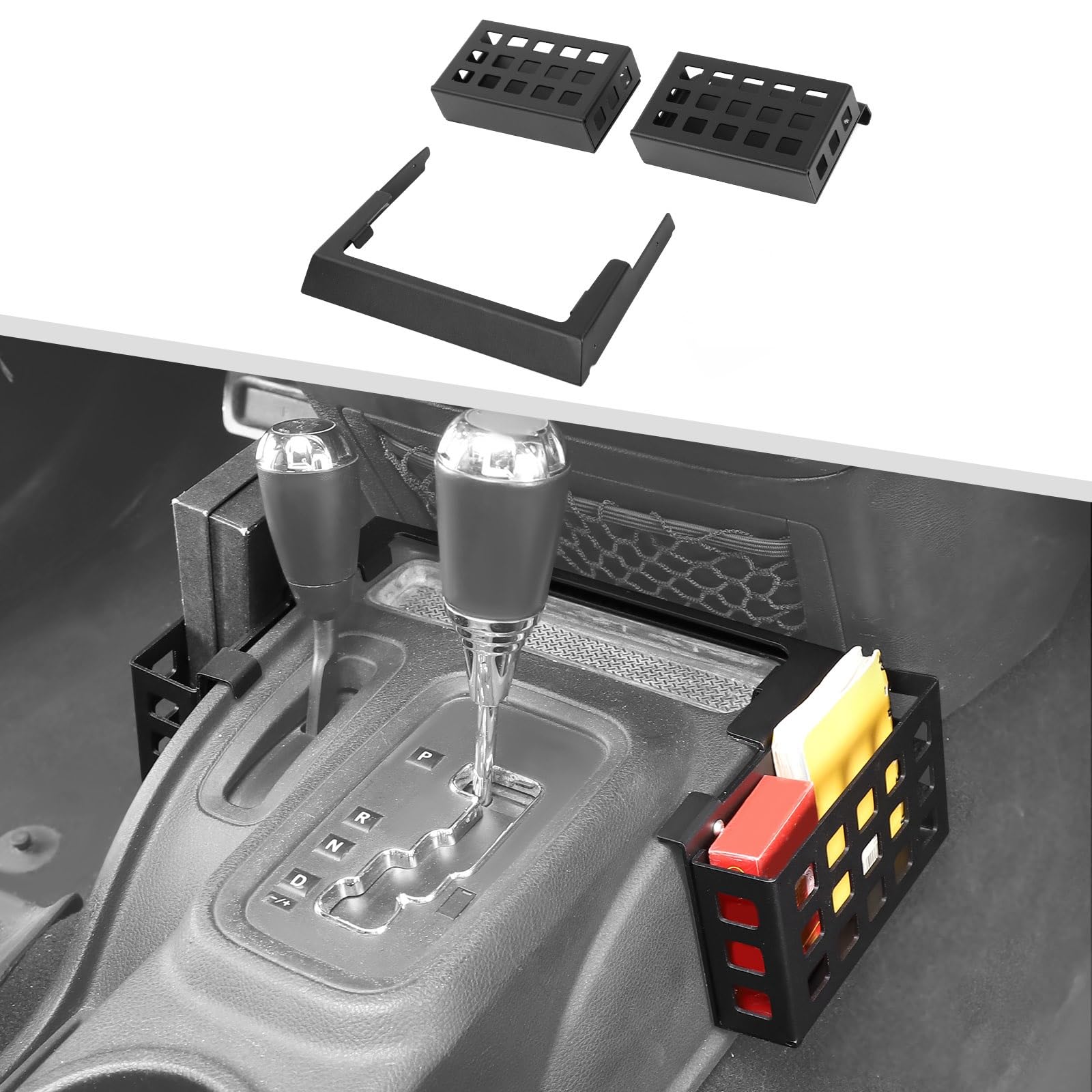 Jimen Metal Shifter Tray for JK, Upgraded 3PCS Gear Shift Console Side Organizer Box Interior Storage Accessories Fit for Jeep Wrangler JK JKU 2011-