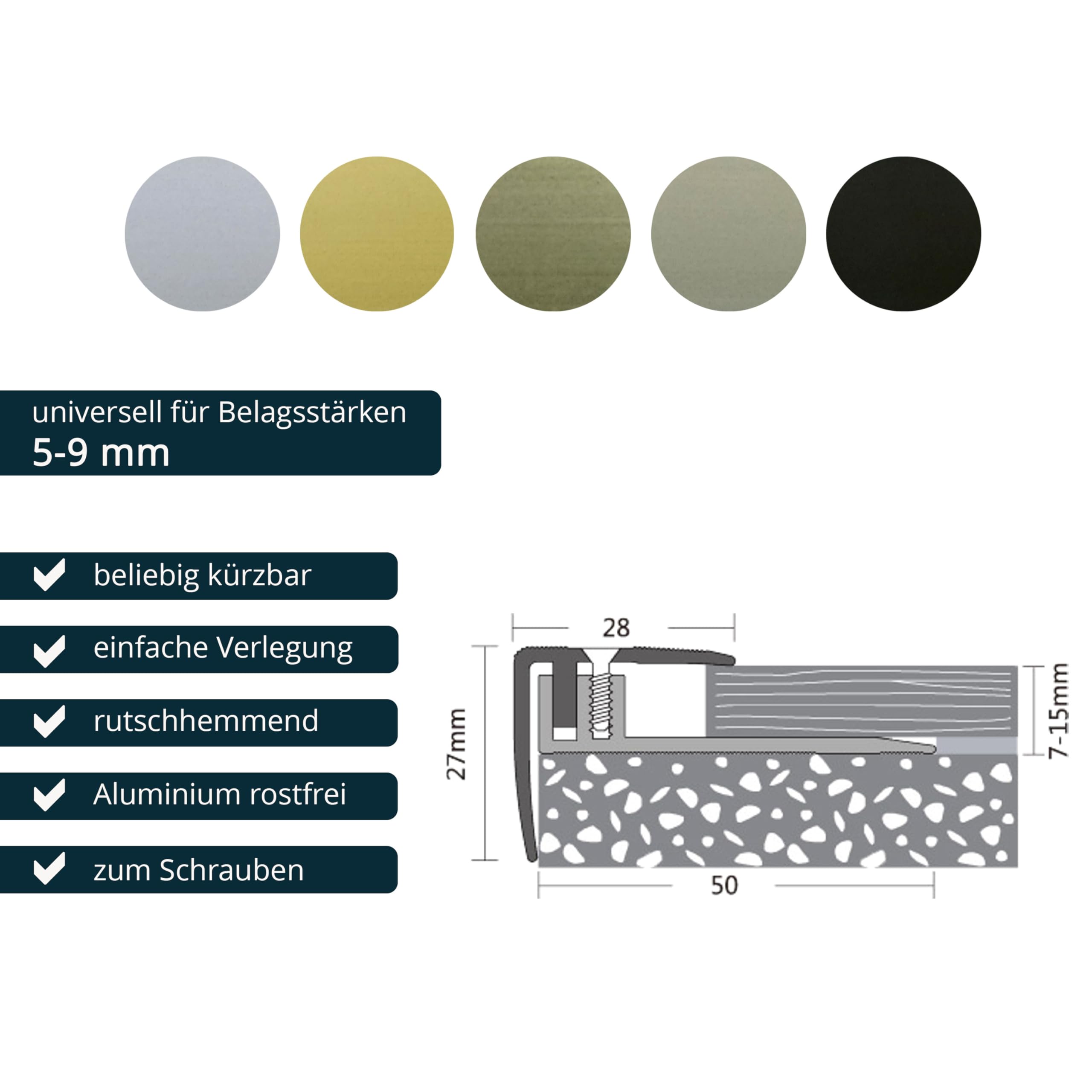 ufitec® Profi Smart Profilsystem für Vinylböden - geeignet für Belagshöhen von 5-9 mm - ALU eloxiert (Treppenkantenprofil | Länge: 270 cm, Silber)