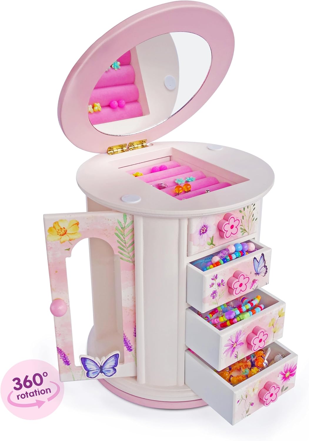 Tiny Gem - Spinning Jewelry Box for Girls Ages 2-18; Little Girl and Toddler Birthday and Christmas Gift; Flower and Butterfly White and Pink Wood Jewelry Box and Organizer; Room Decor for Accessories