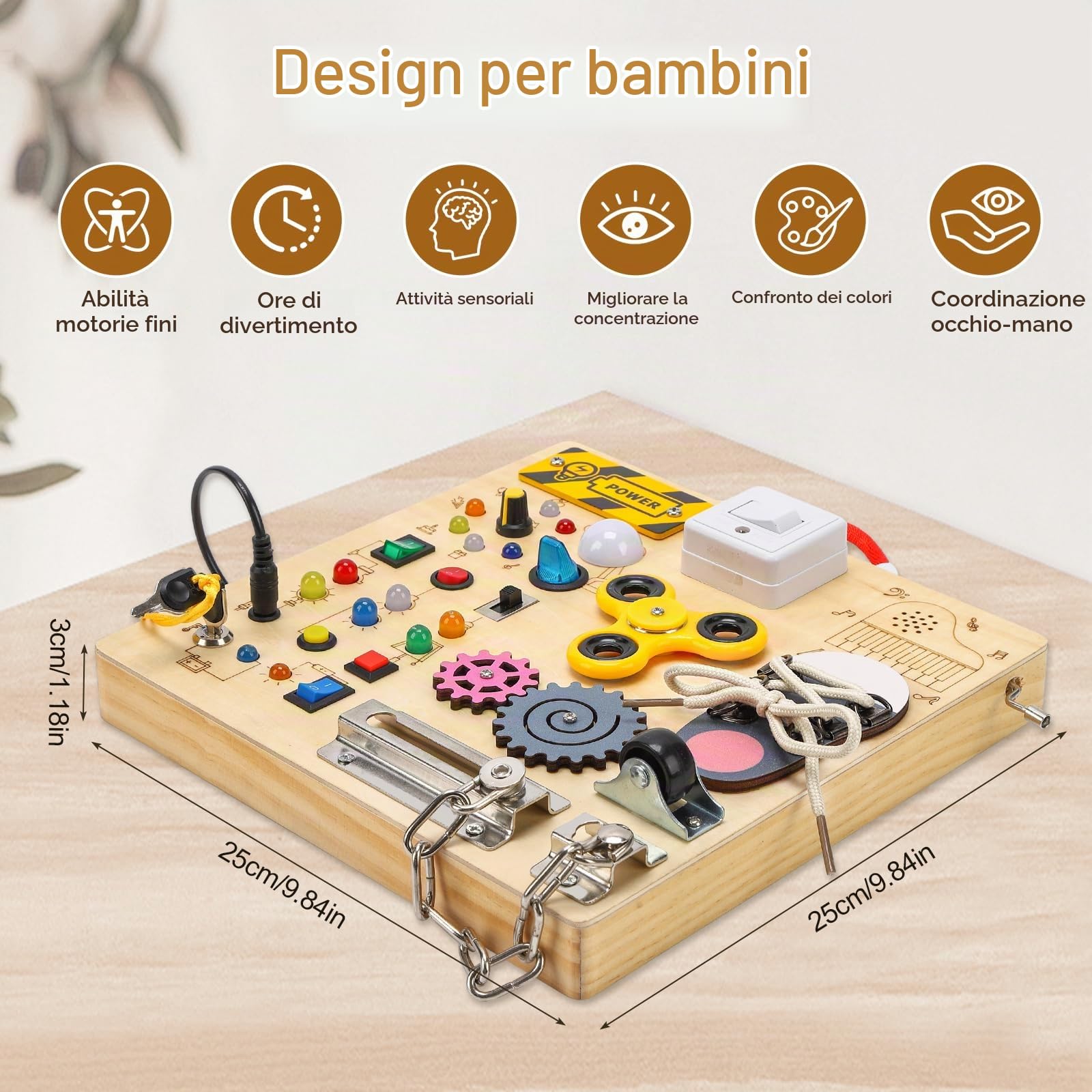 Montessori Busy Board Activity Board a partire da 1 anno, giocattolo educativo motorio sensoriale, giocattolo in legno, giocattolo di apprendimento sensoriale luminoso con meccanismo