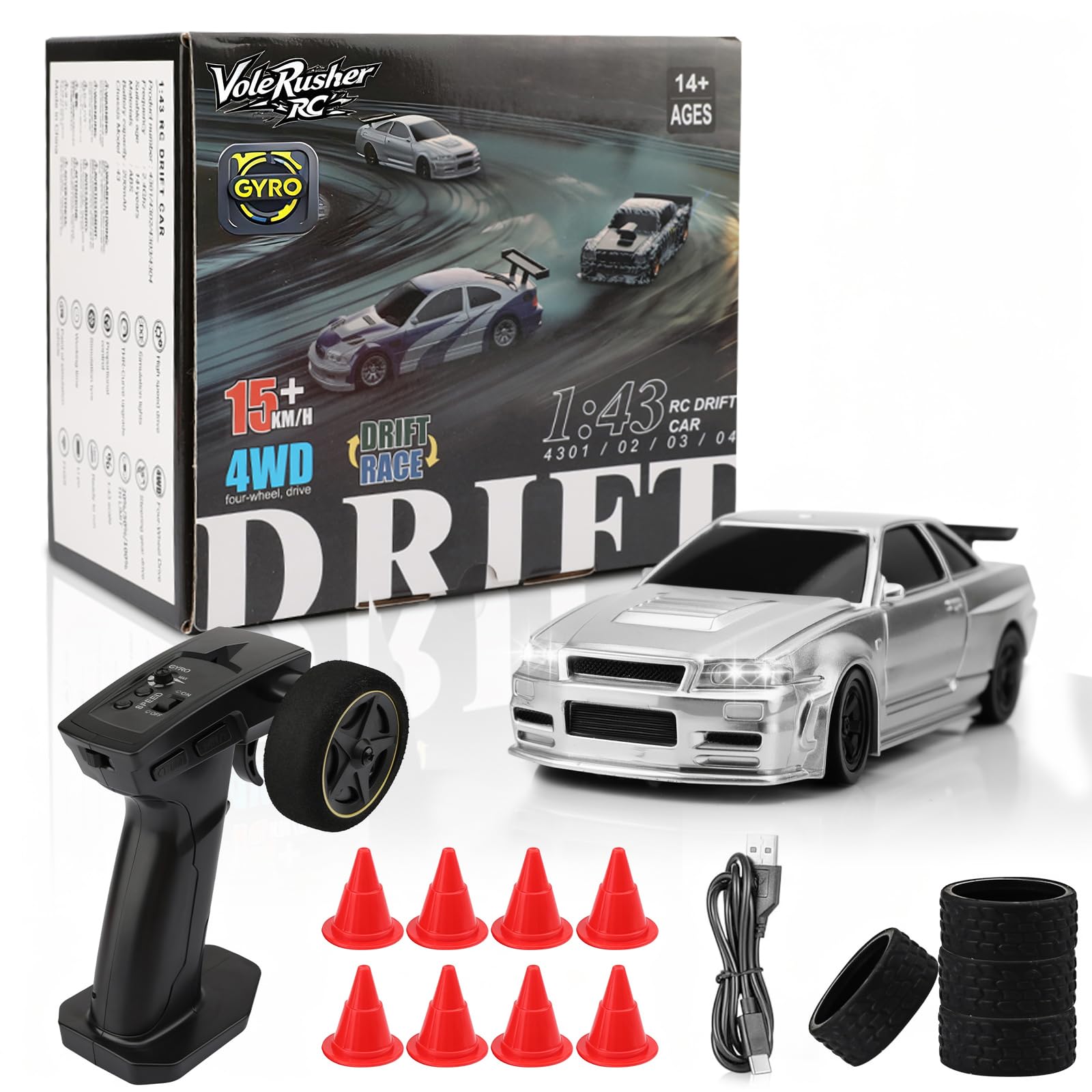 [2026 New Upgrade 1/43 Scale Mini RC Drift Car with Gyroscope, Toys for Age 8-14 Old Birthday Gifts, Micro Small with Full Proportional RTR 2.4GHz Remote 2 Tire Sets 8 Cones - Silver
