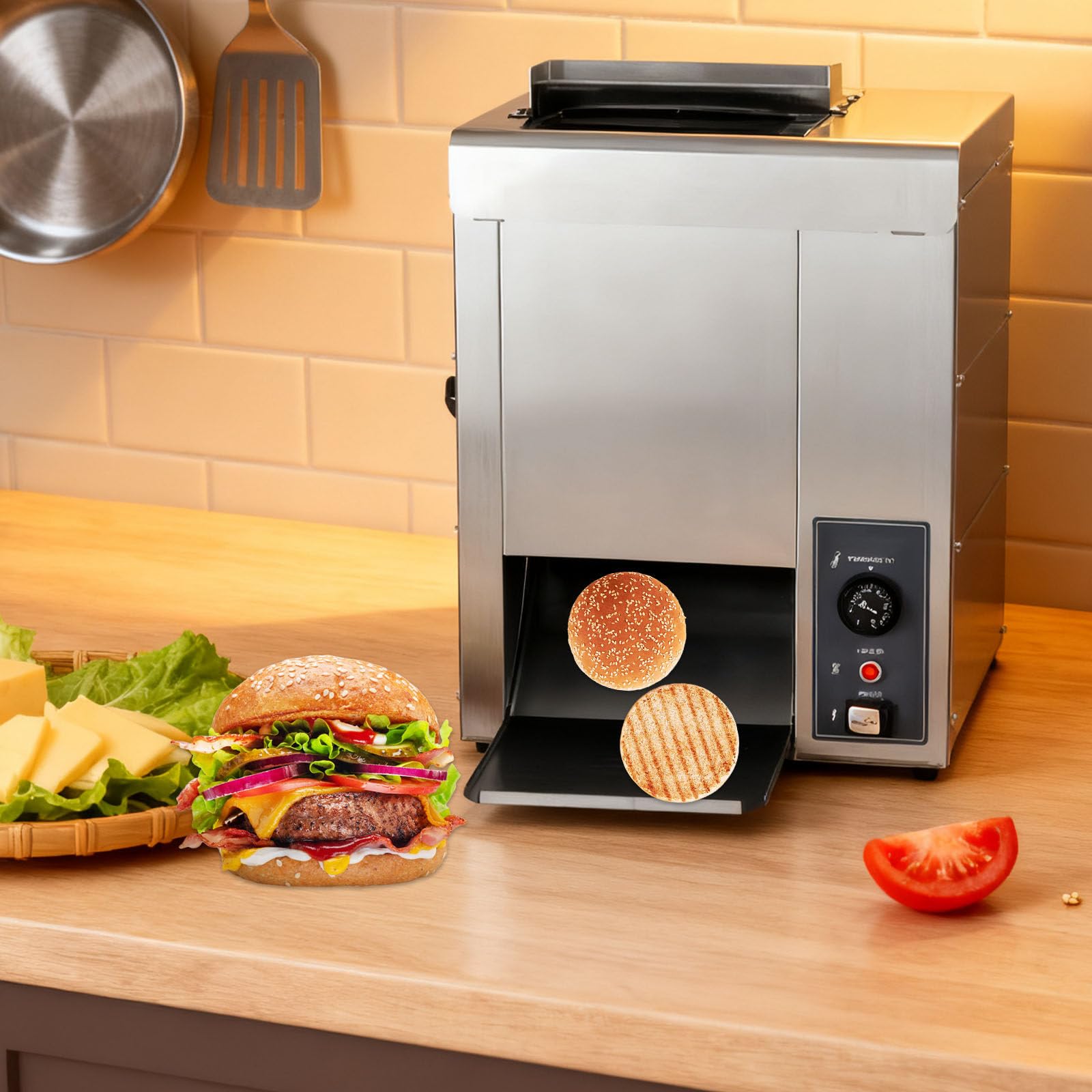 Tostadora Vertical De Hamburguesas Comercial, con Temperatura Ajustable De 50 A 300 °C para Restaurantes De Comida Rápida, Panaderías Y Restaurantes, 2000 W.