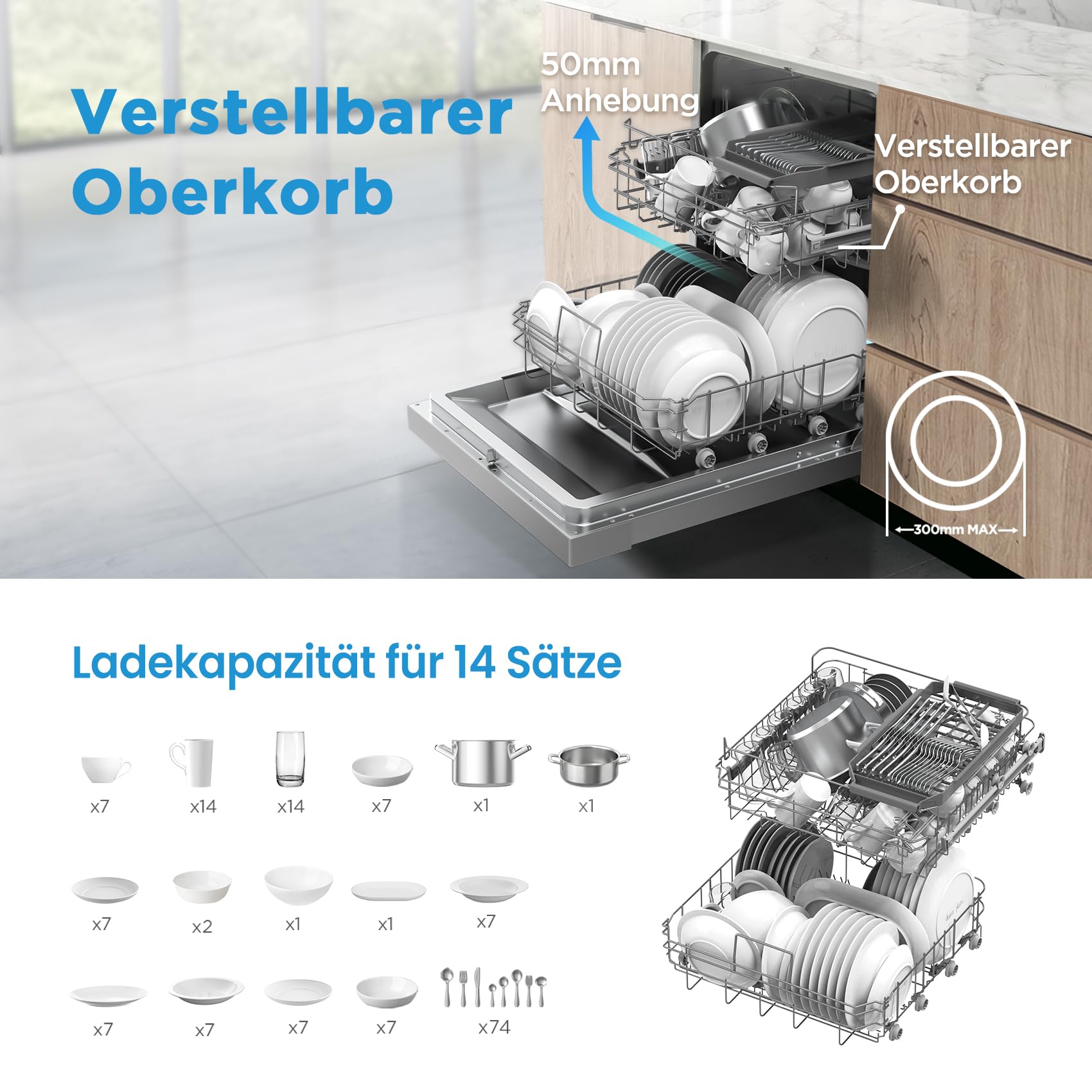 Midea Geschirrspüler Unterbau 60 cm 14 MGD Home Connect Hygienepflege+ Extra Trocknung Silber