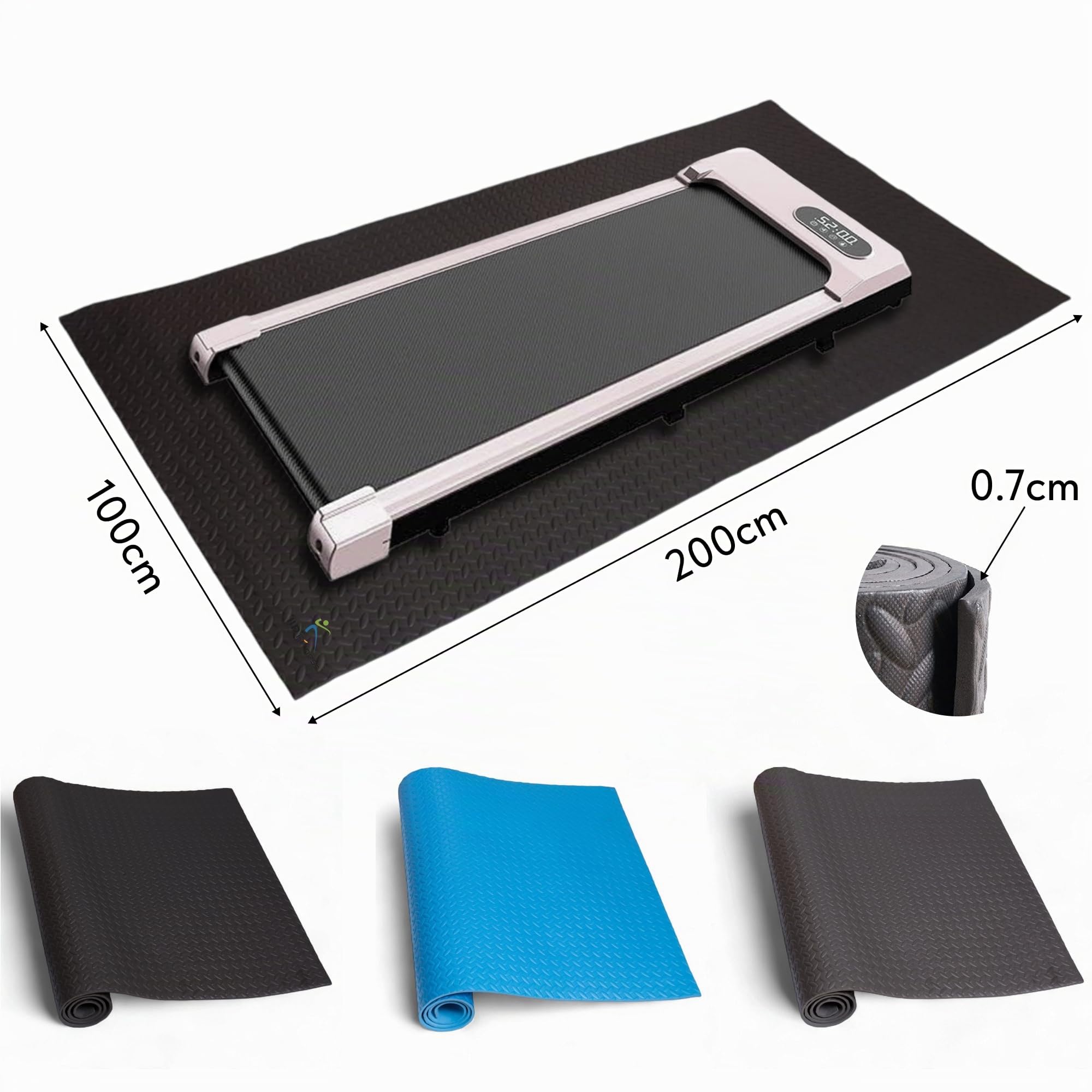 Tapis de Protection Sol Fitness EVA 200x100x0,7cm – Antidérapant et Antivibration pour Tapis de Course, Vélo d’Appartement, Rameur et Appareils de Gym – Noir/Gris/Bleu – Set 1/2/4