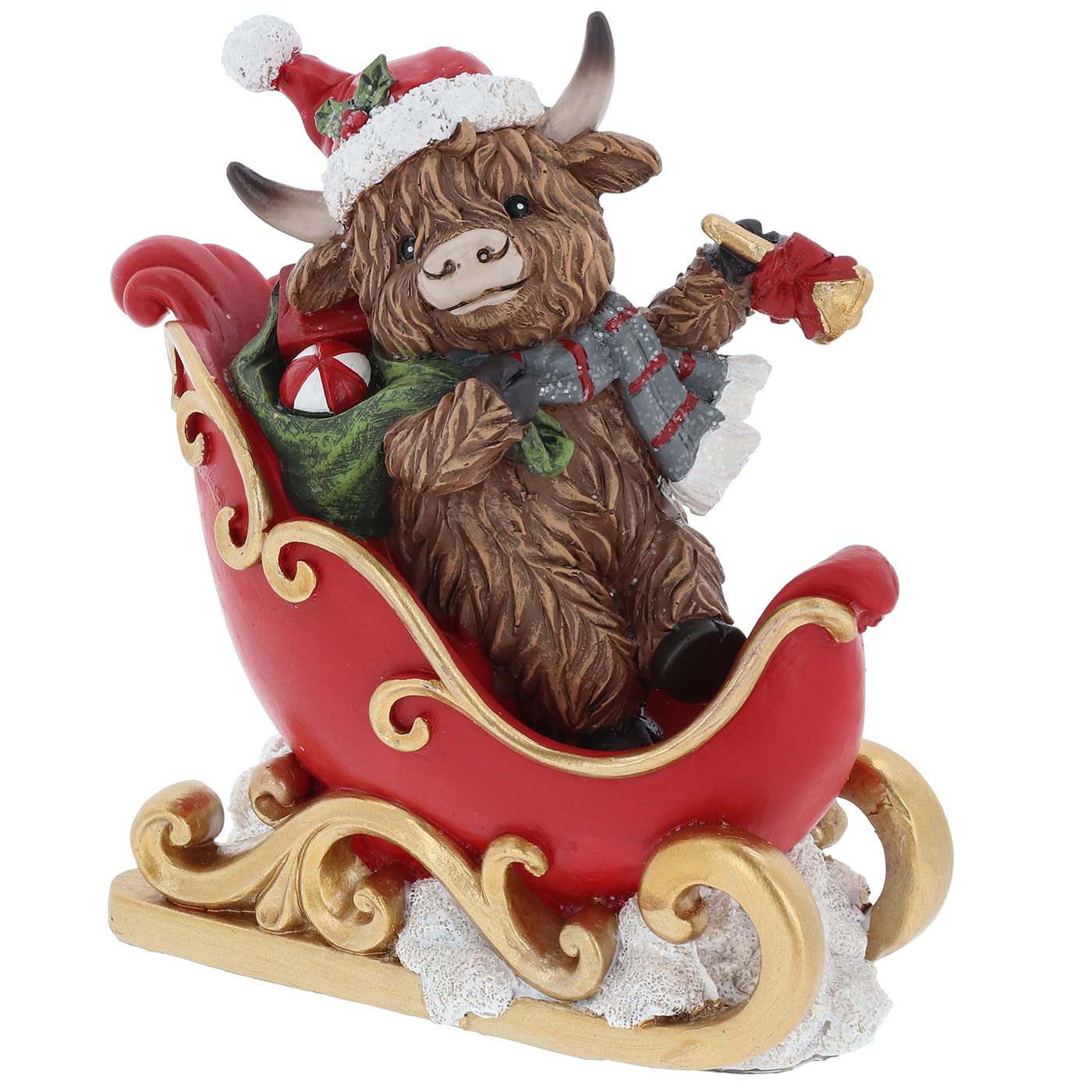 Highland Cow Christmas Ornament, Festive Sleigh Figurine, Winter Holiday Decoration