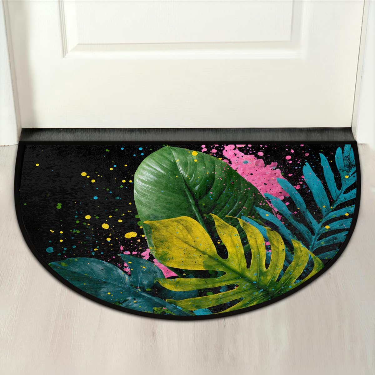 Colorful Abstract Leaf Half Round Door Mat Non Slip Washable Semi Circle Area Rug Absorbent Soft Half Moon Rug Floor Mat for Indoor Outdoor Kitchen Bathroom Patio Front Door Mat Decor