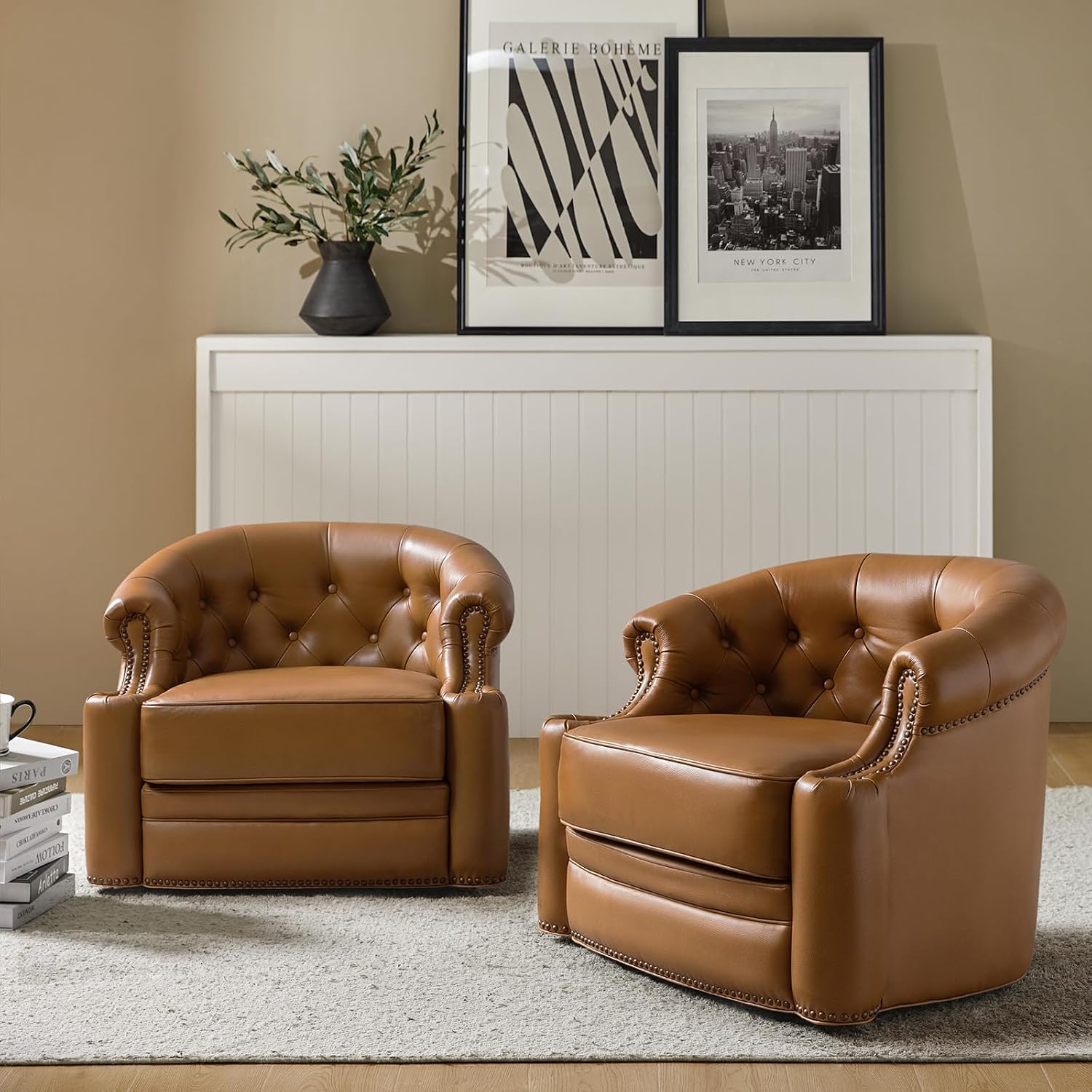 Genuine Leather Swivel Barrel Accent Chair with Solid Wood Frame, Top-Grain Chesterfield Armchair with Removable Cushion, Fully Assembled, Camel