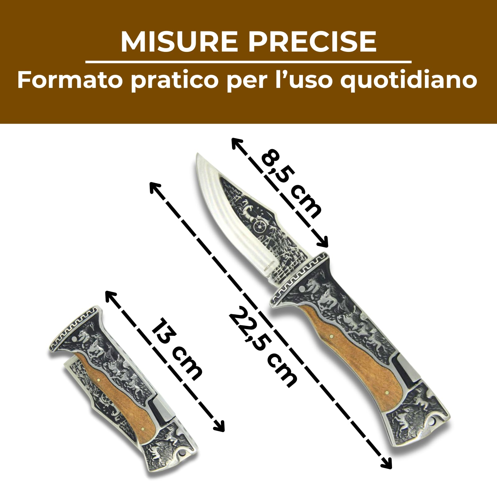 Generico Coltello Pieghevole Tascabile con Manico Effetto Legno, Design Elegante e Decorativo con Cavalli, Compatto e Leggero, Ideale per Uso Quotidiano, Outdoor Leggero e Idea Regalo Uomo