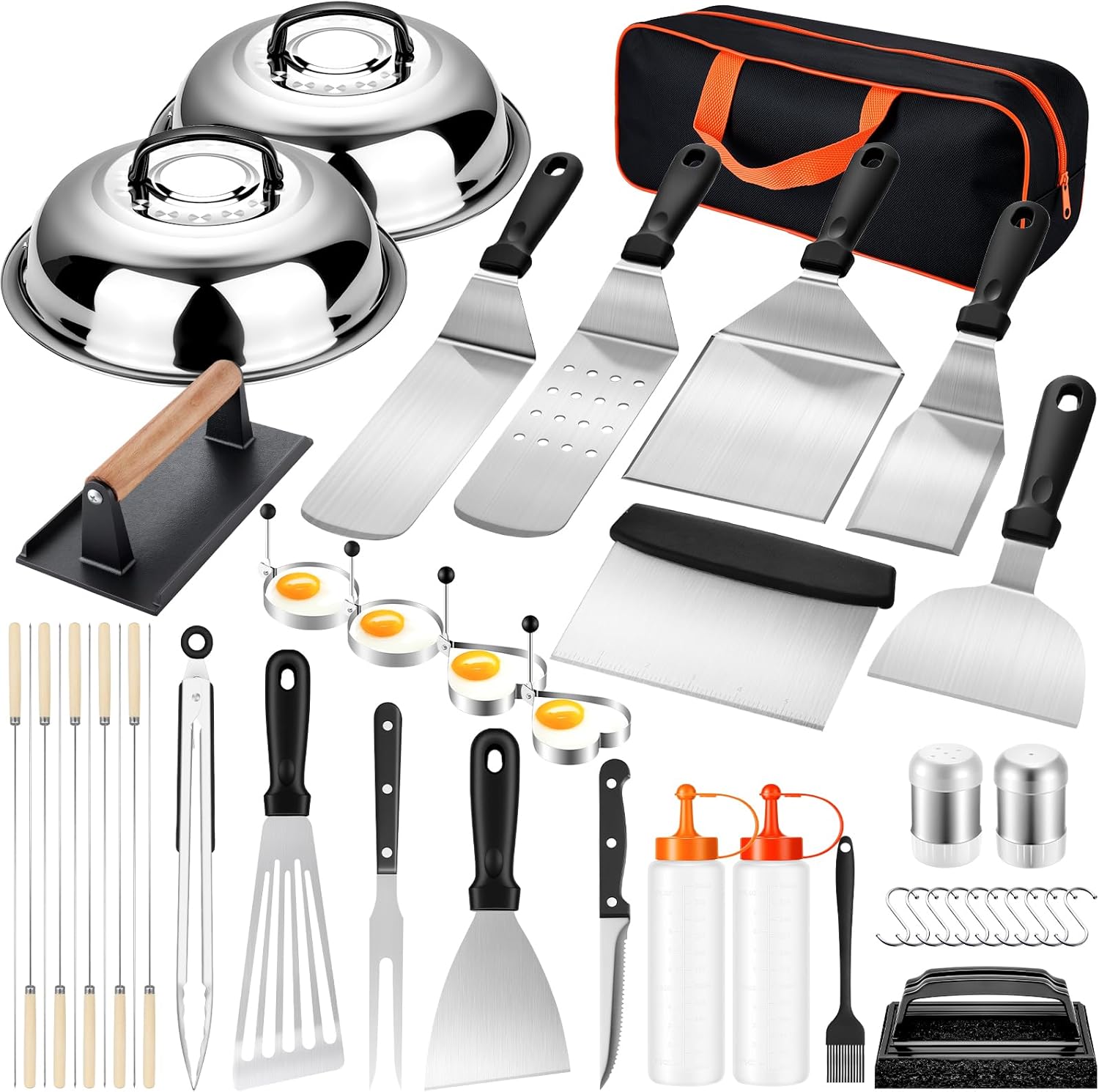 45PCS Griddle Accessories Kit, Professional Flat Top Grill Tools Set with Spatulas, BBQ Skewers, Burger Press, Meat Fork for Outdoor Barbecue