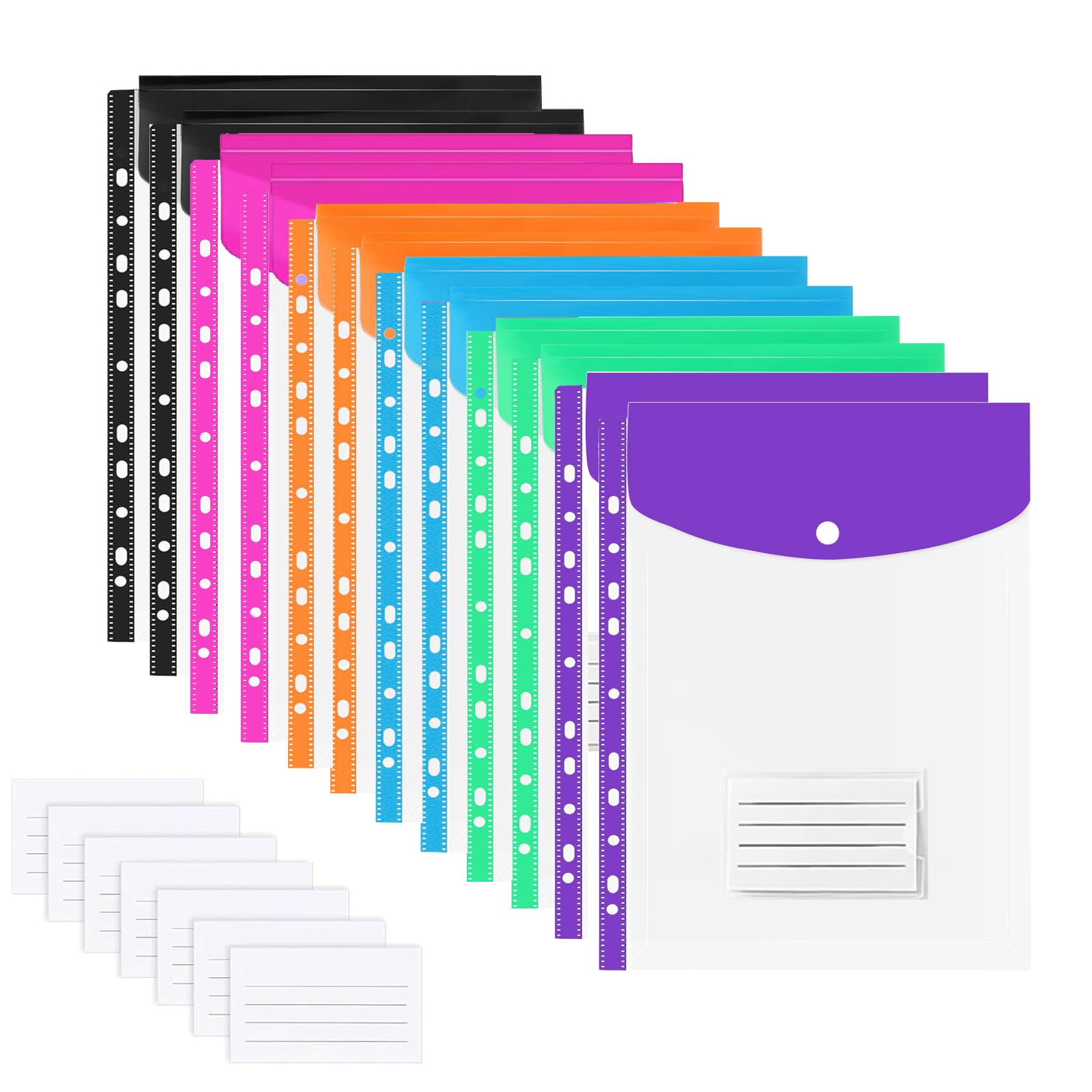 Plastic Wallets A4 Punched Pockets 12 Pack Expandable Folders Document Files Popper Wallets with Pocket Label Pocket Snap Button for School Home Office