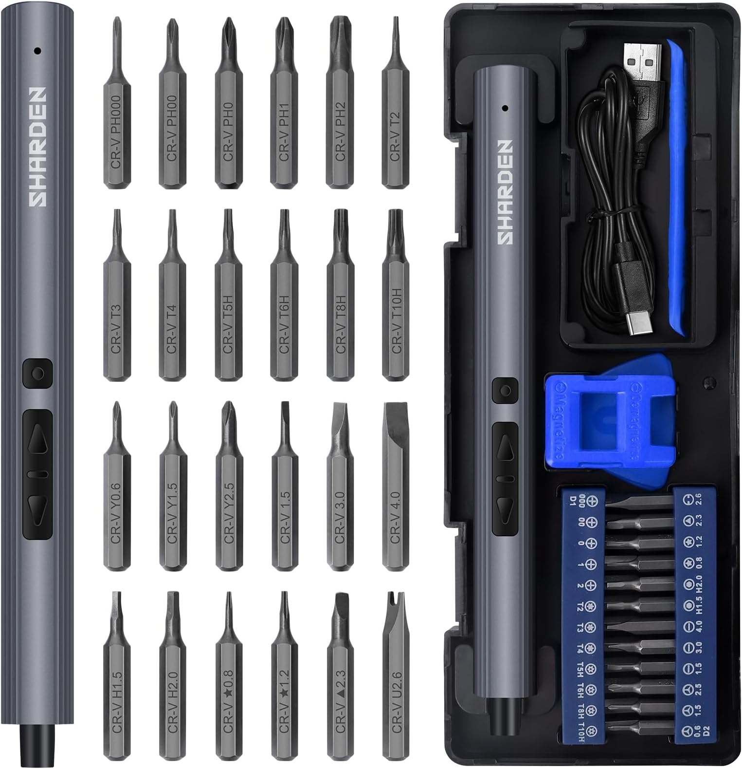 SHARDEN Mini Electric Screwdriver, 29 in 1 Small Electric Screw Driver Kit with 24 Magnetic Bits, Precision Cordless Repair Tool for Phone, Camera, Laptop, Watch
