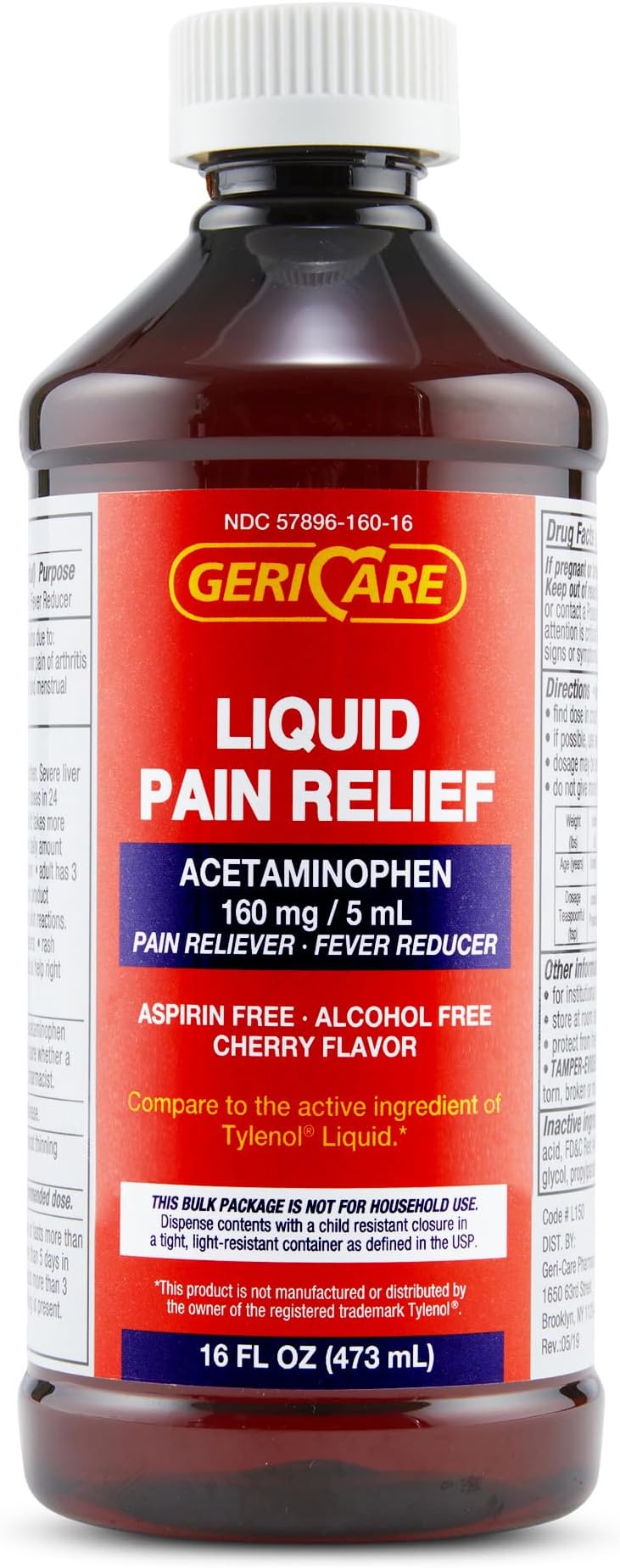 GeriCare Liquid Acetaminophen for Adults & Kids, 16oz Bottle Cherry Flavored Acetaminophen for Headache, Muscle Ache, Toothache, Menstrual Pain- Fever Reducer & Liquid Pain Reliever, 160mg Per 5ml