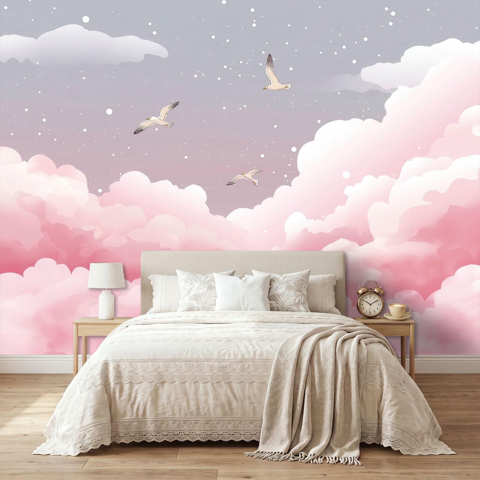 Fantazyjne zwierzęta mewy unoszące się w powietrzu Panoramiczna tapeta dla chłopców dziewcząt, 250 x 175 cm różowy gigantyczny plakat ścienny 3D, dekoracja ścienna premium do salonu, pokoju