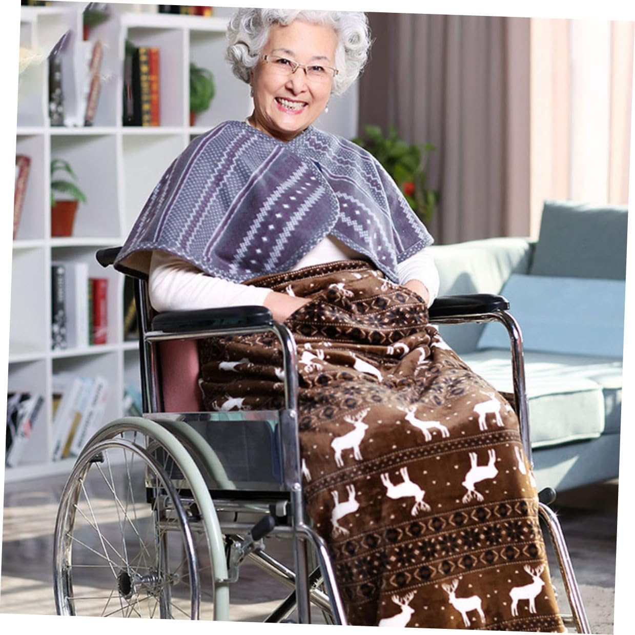 Elderly Throw Blanket for Wheelchair Warm Lap Blanket with Coffee Deer Pattern, Soft Skin-Friendly Fleece for Winter Travel and Nursing Care