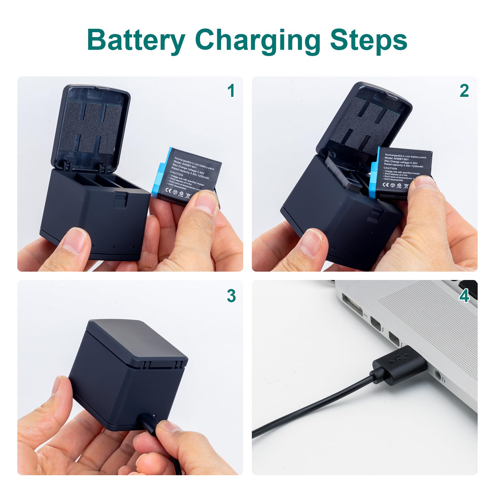 Kit de chargeur de batterie pour GoPro Hero 8, 7, 6, 5 triple chargeur et boîte de rangement de batterie, chargeur à 3 canaux avec 2 batteries lithium-ion rechargeables pour GoPro