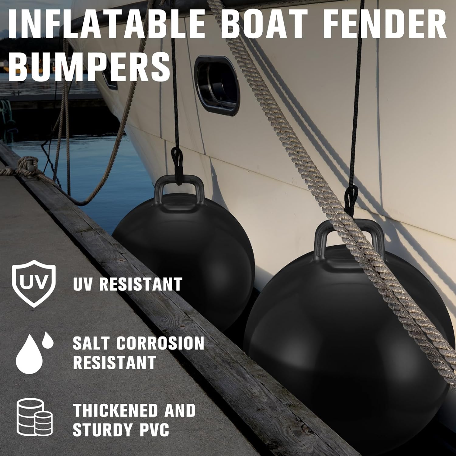 daisyinner 4 pcs 24'' inflatable boat bumper for docking with 4 ropes big bumper inflatable round ball large boat buoys bumpers for marine fishing pontoon yachts tie up raft