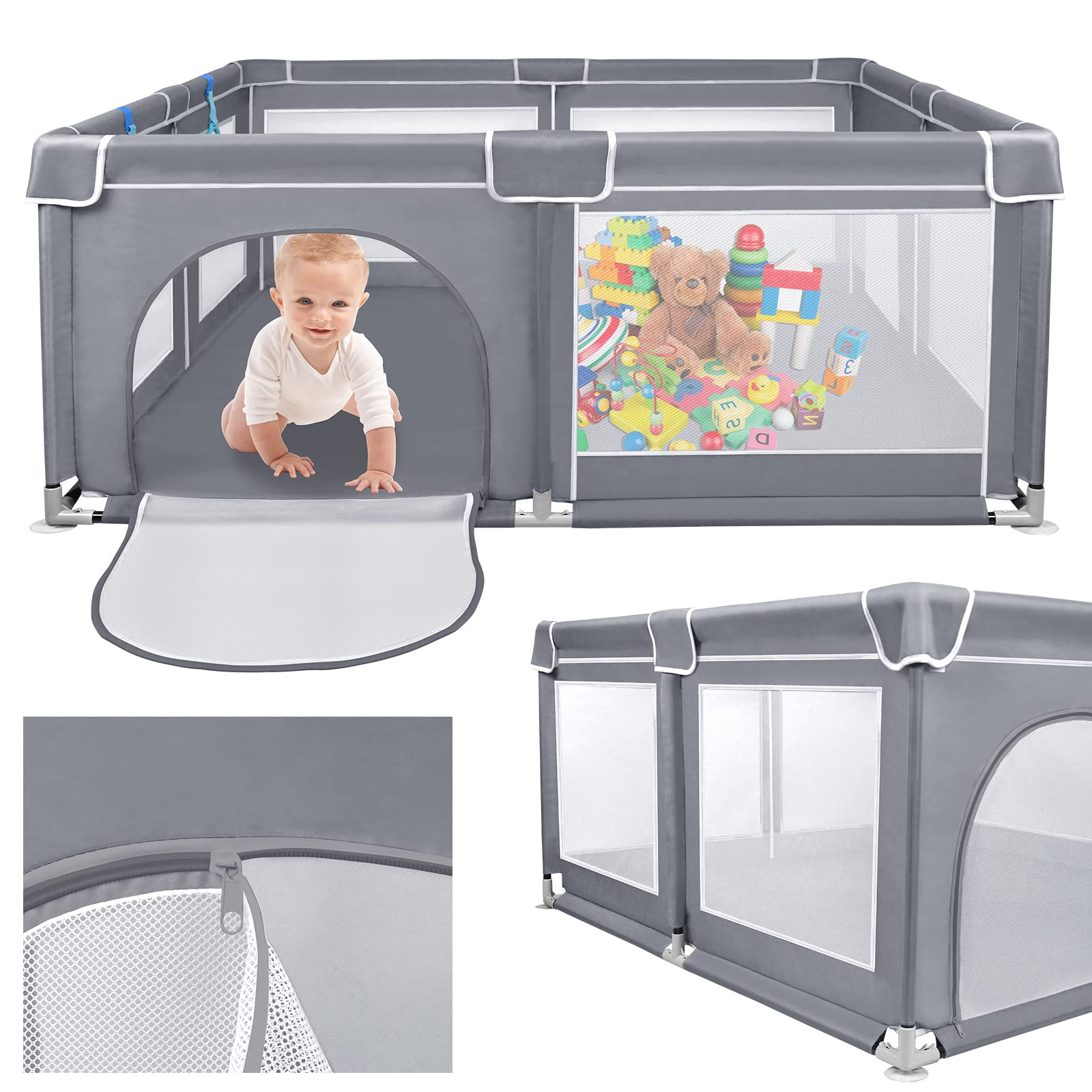 Grand Parc pour Bébé 200 x 180cm Robuste Maille Douce et Respirante Anneaux pour Les Mains Balles Océaniques Clôture Avec Portes Base Antidérapante Bleu/Vert/Gris