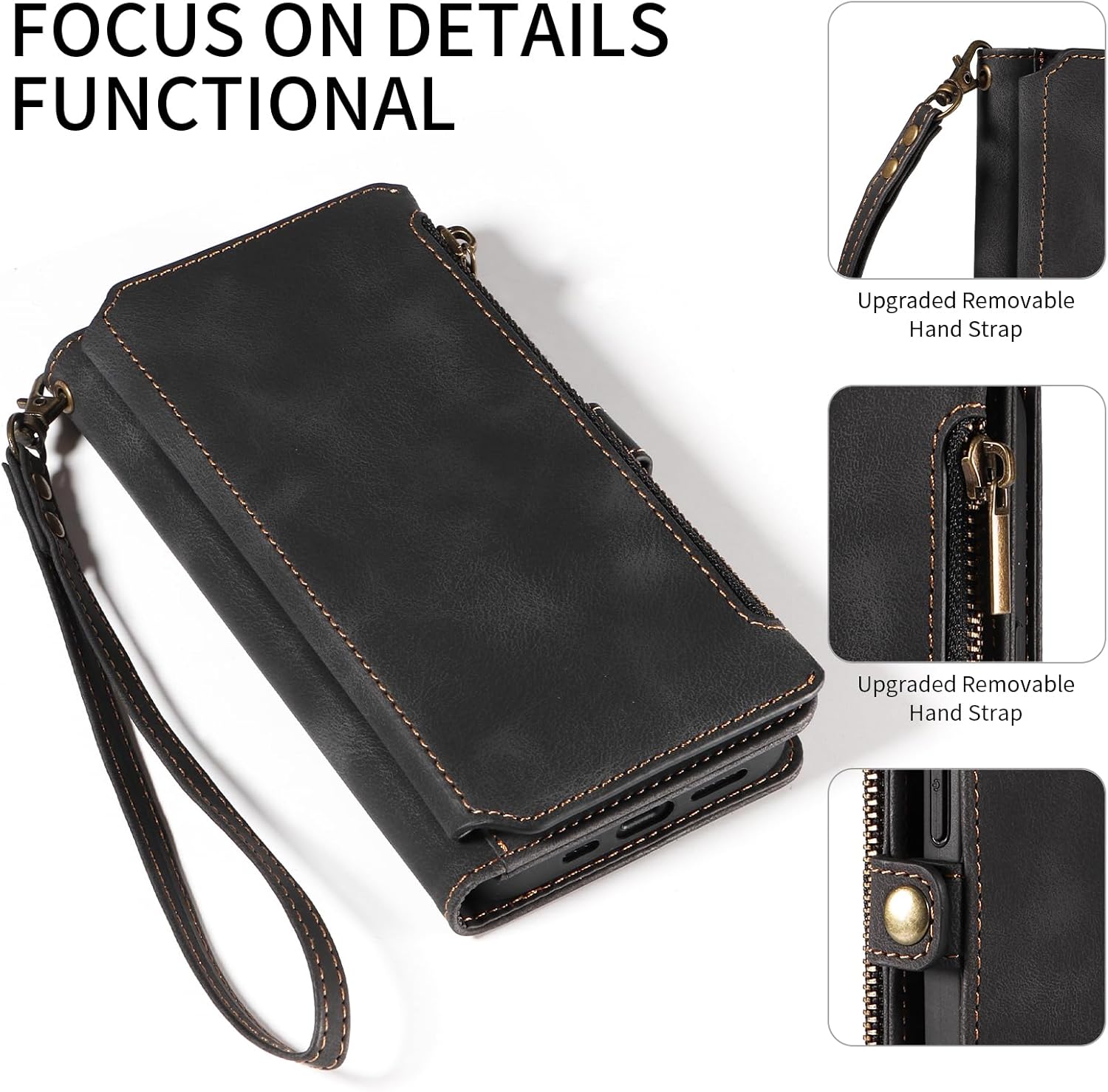 for iPhone 8 Plus/iPhone 7 Plus Wallet Case, [RFID Blocking] PU Leather Phone Case for Women Men with Zipper Card Holder, Wrist Strap Flip Case for iPhone 8 Plus/iPhone 7 Plus (Black)