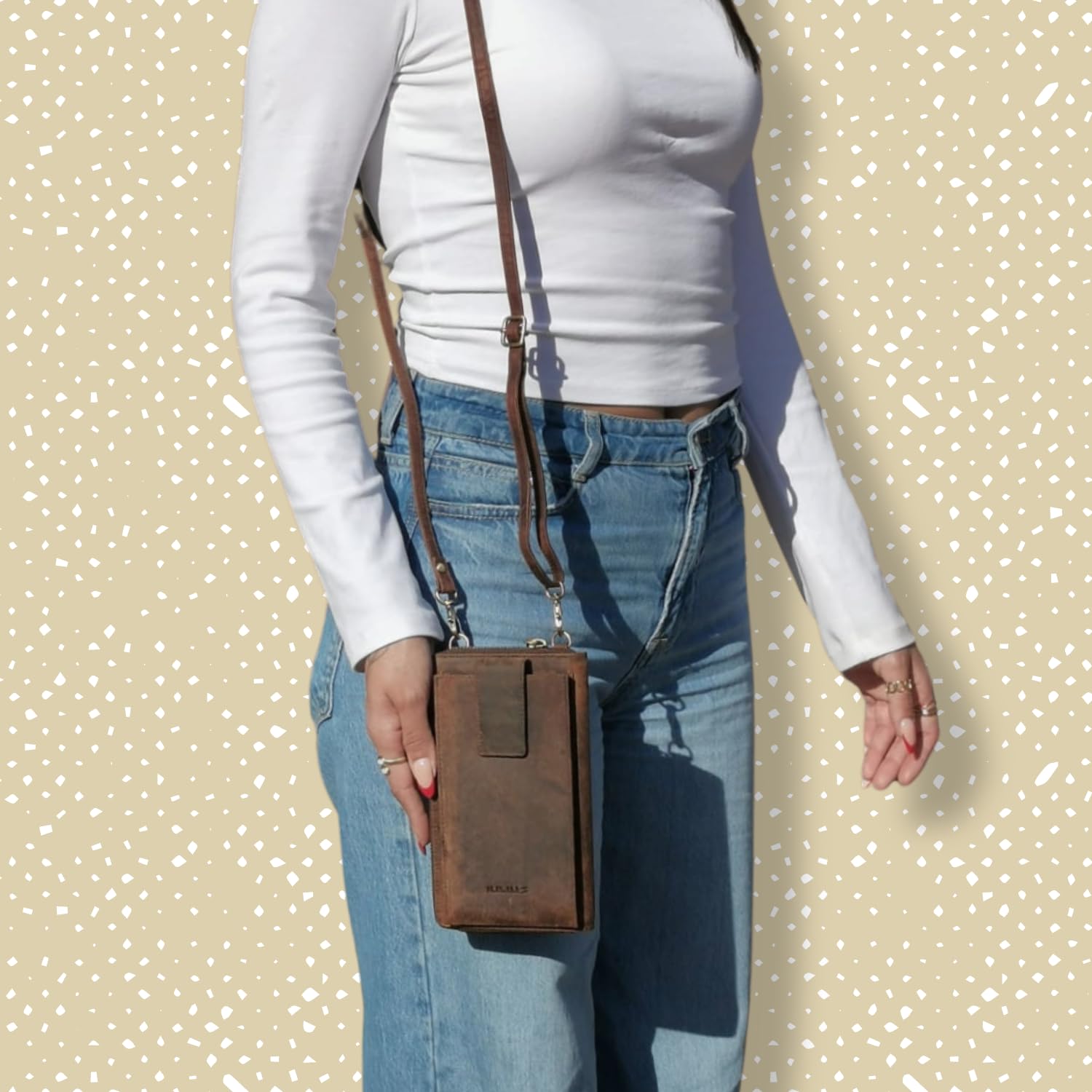 iulius Portefeuille en cuir véritable unisexe | Sac à bandoulière pour téléphone portable jusqu'à 7 pouces | Porte-cartes, portefeuille et porte-monnaie avec fermeture éclair | Sangle réglable, marron