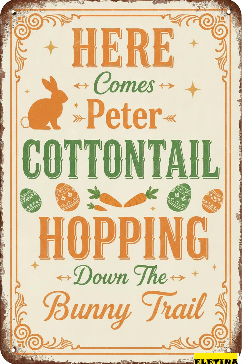 Peter Cottontail Bunny Trail Easter Tin Sign, 8x12 Inch