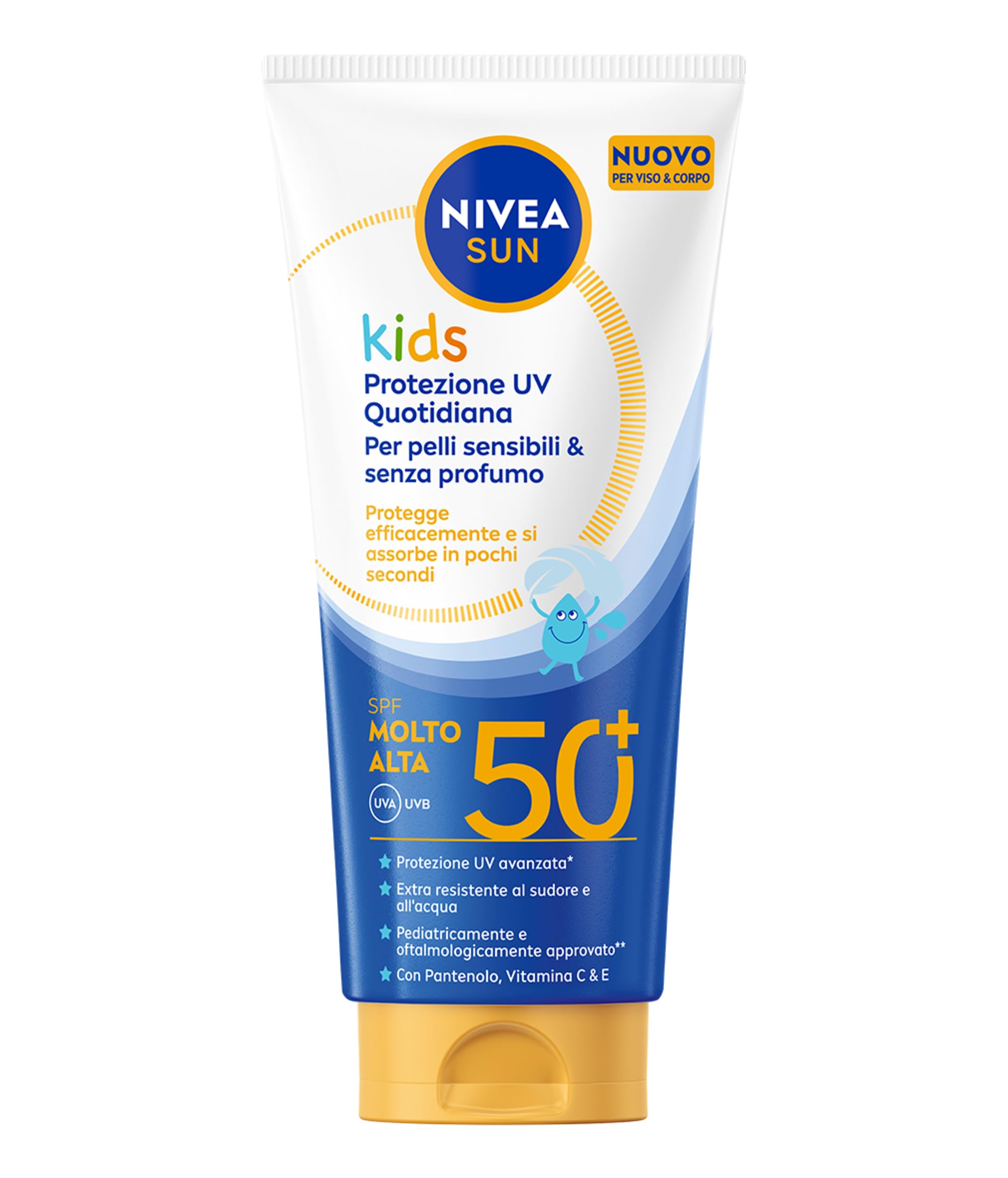 NIVEA SUN Kids Protezione UV Quotidiana SPF 50+ 100 ml, Crema solare 50 bambini per viso e corpo, Protezione solare 50 bambini extra resistente all'acqua, Per pelli sensibili, Senza profumo