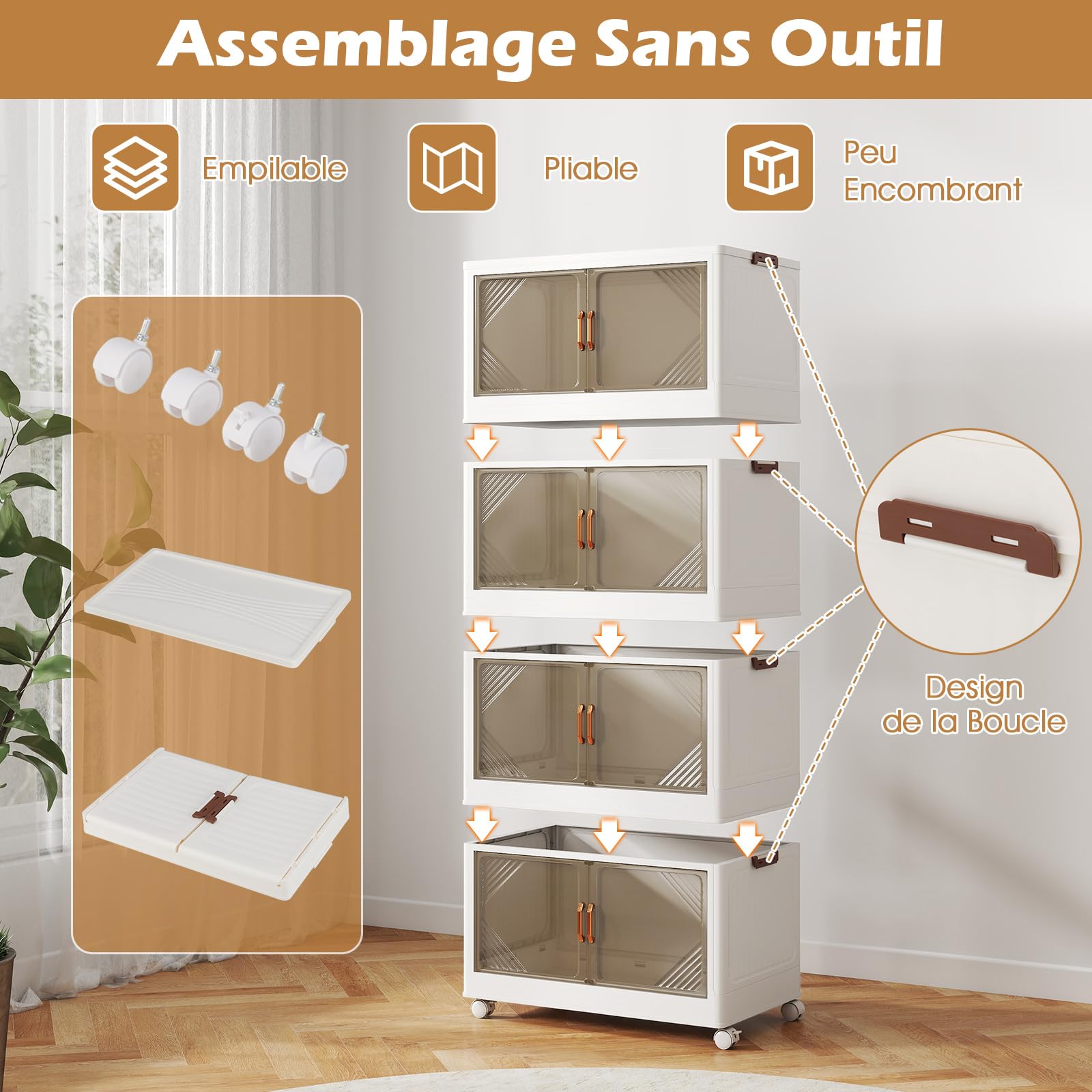 GOPLUS Boite Rangement Empilable et Pliable à 4 Niveaux en PP, Caisse Rangement avec roulettes, 71L par Niveaux, Couvercle Amovible, Portes Magnétique, Boucles Latéraux, Chambre, Salon