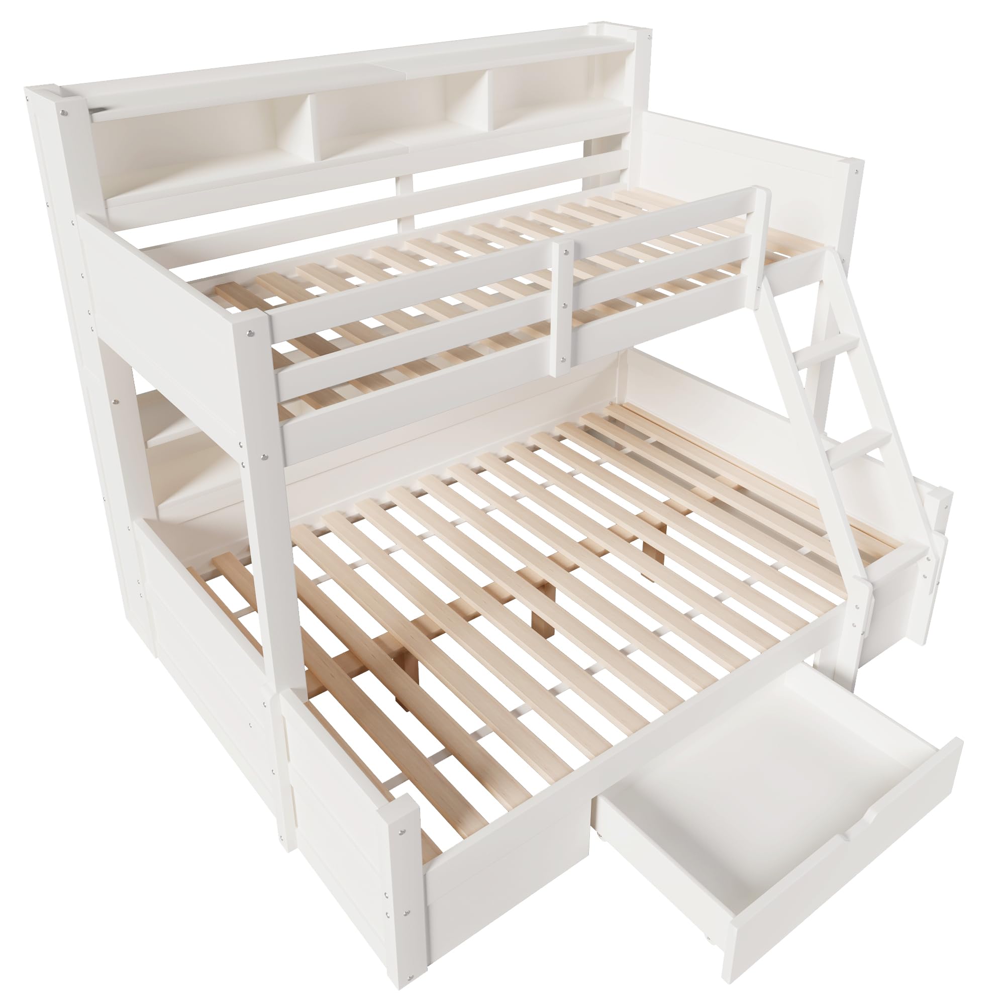Litera de 90(140) x200 cm con Luz LED y Compartimentos Abiertos, Cama Litera Matrimonio con Cajón y Escalera, Cama Infantil Literas Infantiles con Barandilla Anticaída, Sin Colchón, Blanco