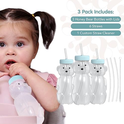 Miniatura 6 de Honey Bear - Vaso con popote para bebés, 8 onzas líquidas con tapa, paquete de 3 pajitas de oso de miel para aprendizaje de terapia, juego de