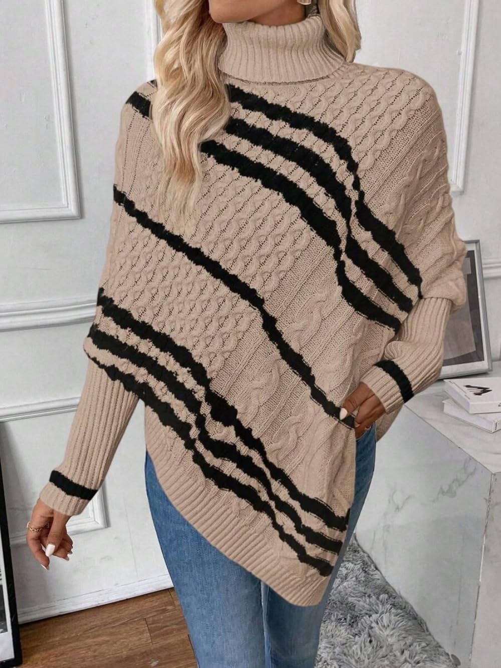 ZAFUL Women's Asymmetrical Turtleneck Poncho Sweaters Drop Shoulder Cable Knit Casual Pullover Sweater - Image 5