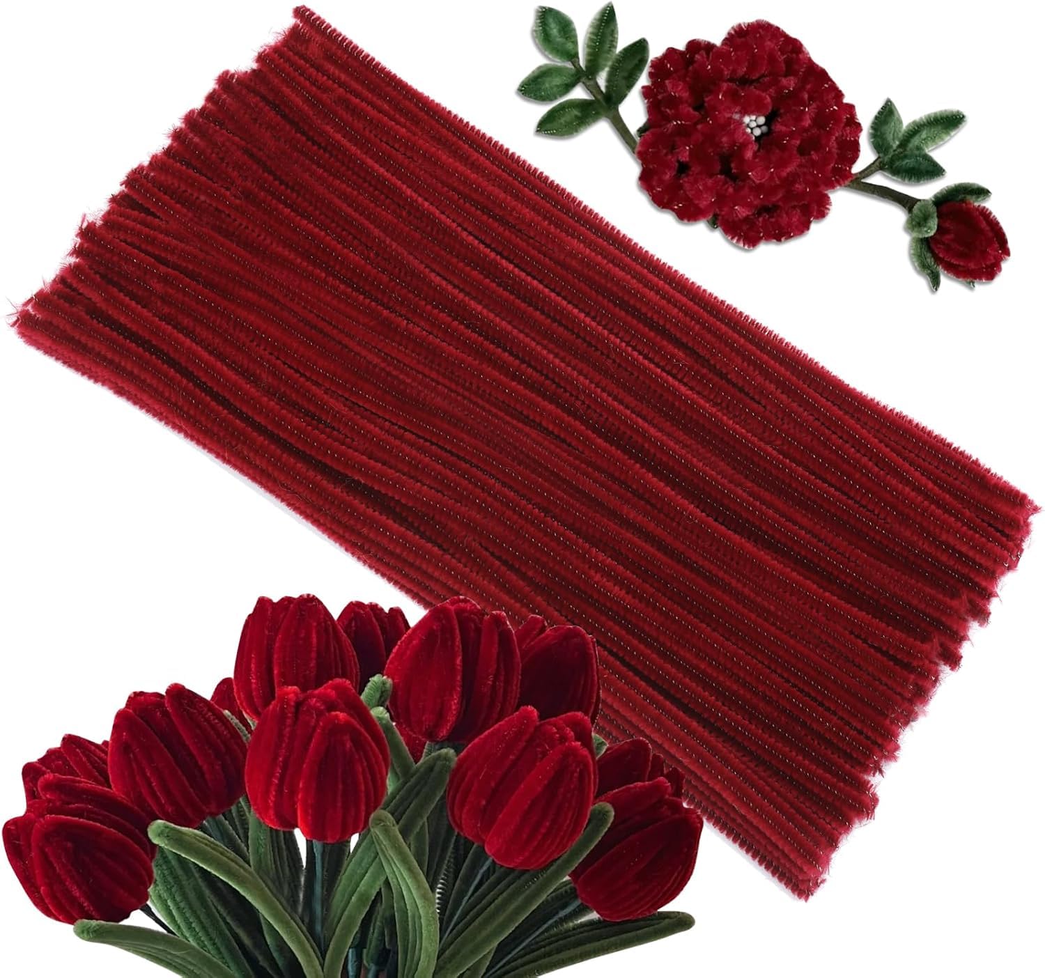 100Pcs Pipe Cleaners Craft Set | Chenille Stem Fuzzy Sticks DIY Craft Supplies for Art Projects Activities, Decorations, Flower Making, Modeling & Sculpting 100Pcs (Maroon)-image-12