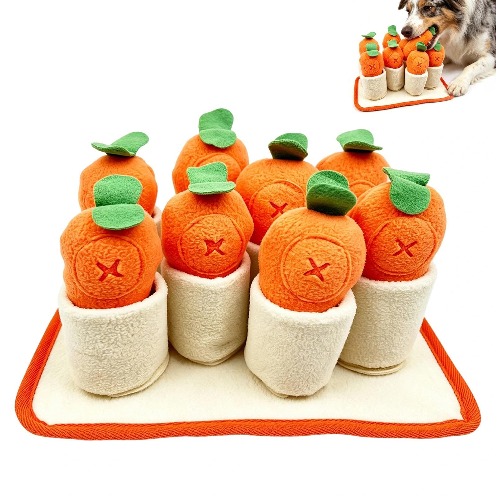 Carrot Snuffle Mat for Dogs, Non-Slip Interactive Dog Puzzle Toy with Squeaky Plush Carrots, Pet Foraging Nosework Training Game, Stress Relief Mental Stimulation Interactive Toys for Puppy Dogs